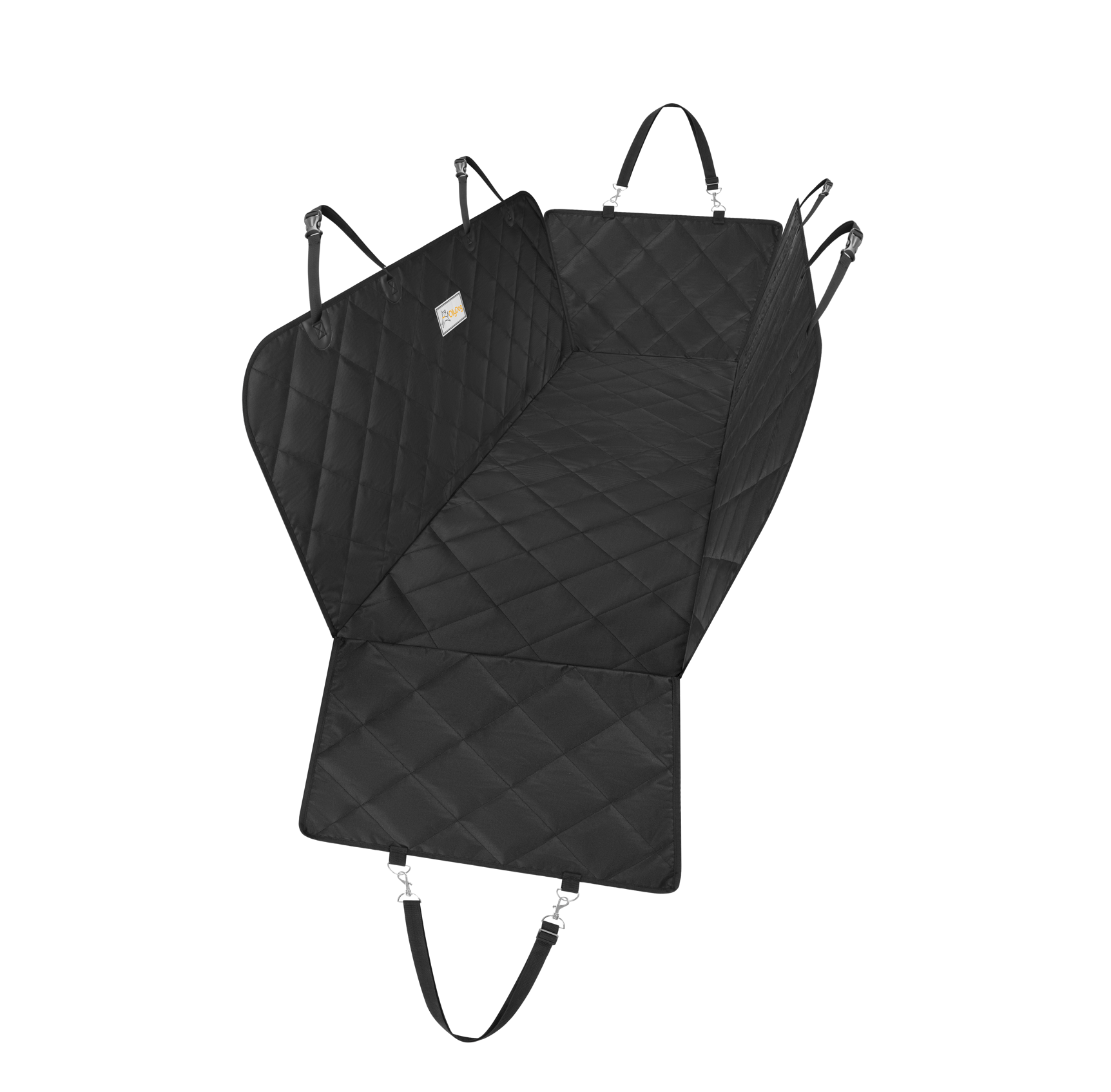 OllyDog Journey Car Seat Cover in black, quilted waterproof fabric with adjustable headrest straps and buckle closures, shown installed in a vehicle backseat setup for full coverage and pet protection