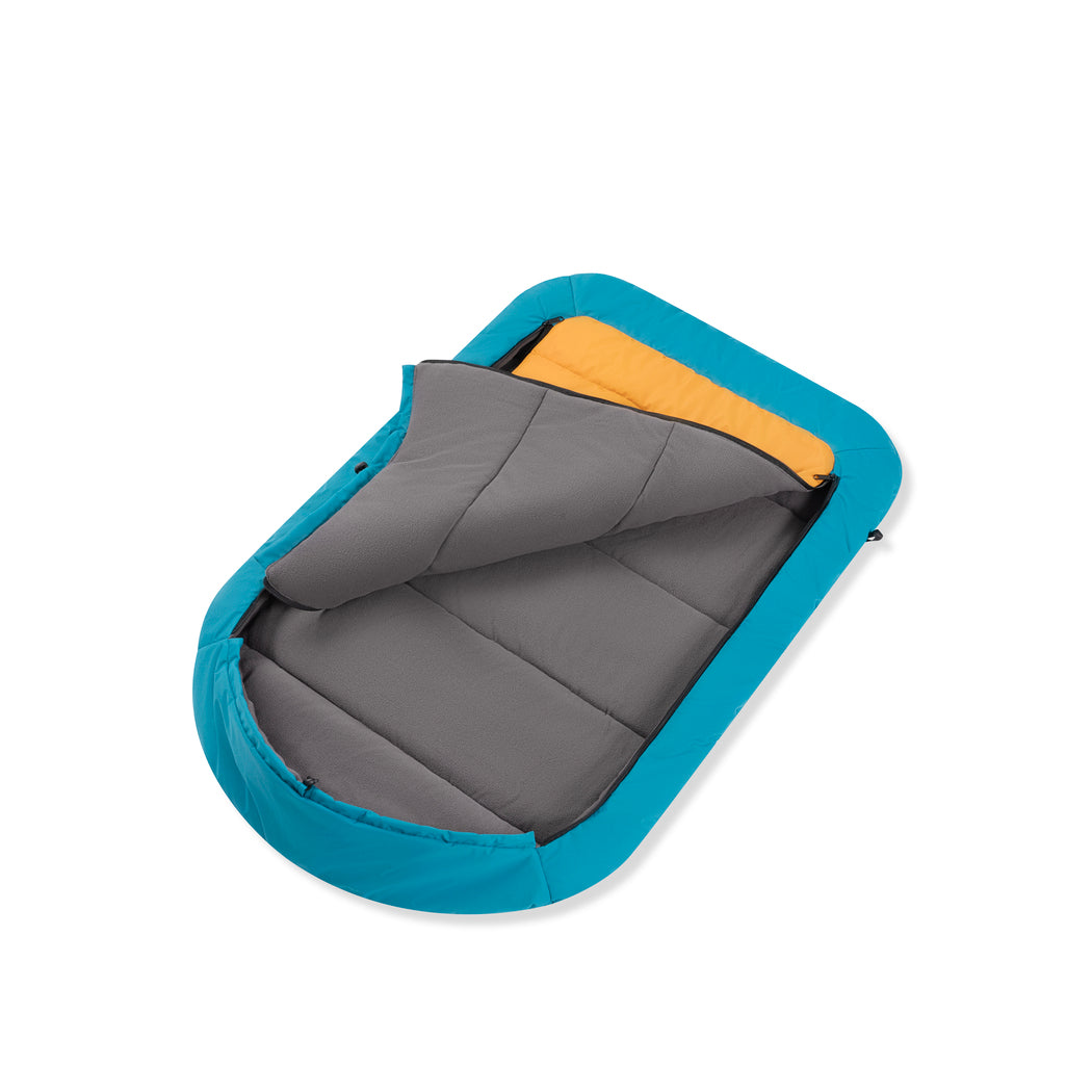 OllyDog Meeker Dog Sleeping Bag with teal exterior and soft gray fleece interior, shown partially unzipped to display cozy lining. Lightweight, water-resistant, perfect for camping or outdoor adventures