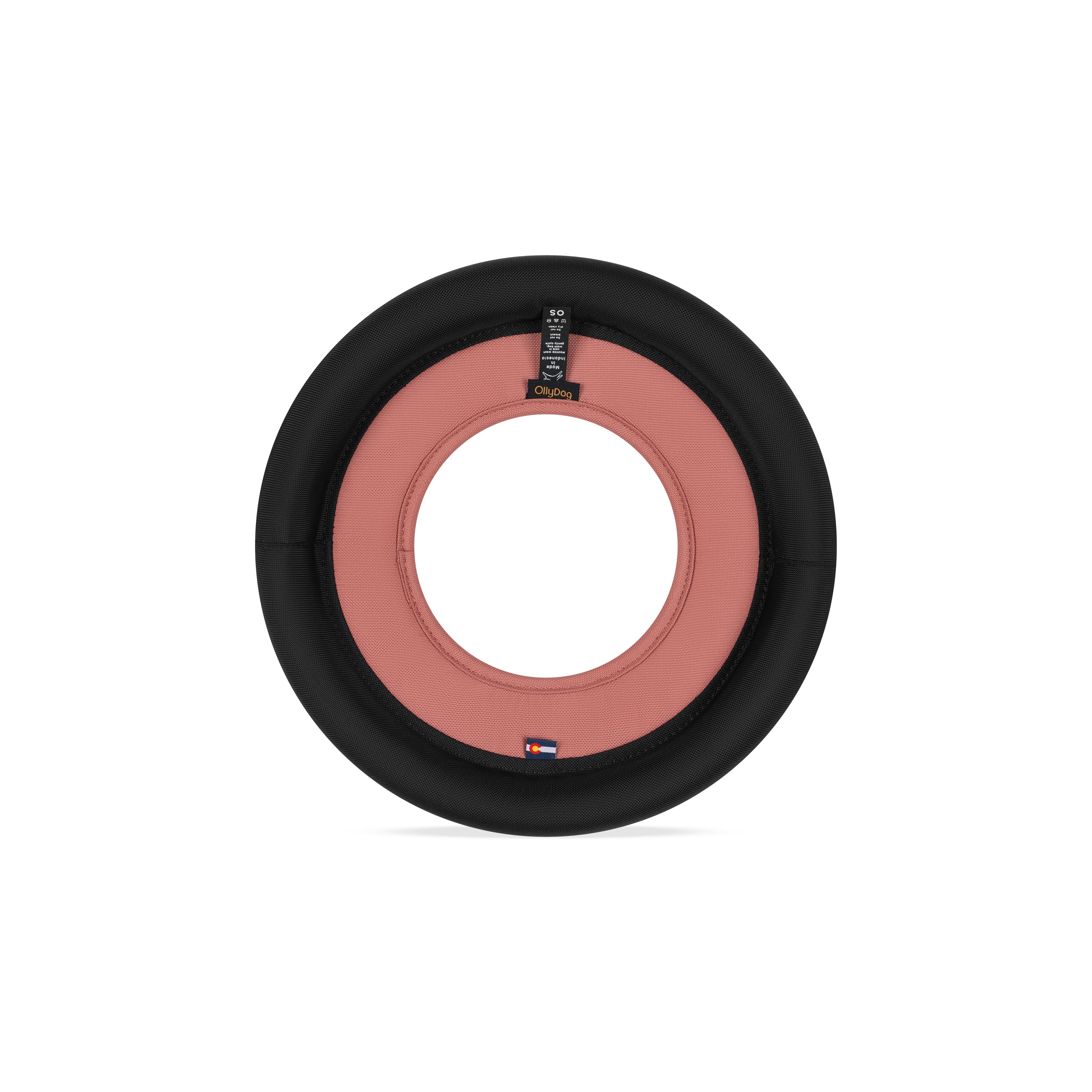 Back view of the OllyDog Mini Super Flyer dog flying disc in desert color, highlighting the durable recycled polyester construction and branding details. #color_desert