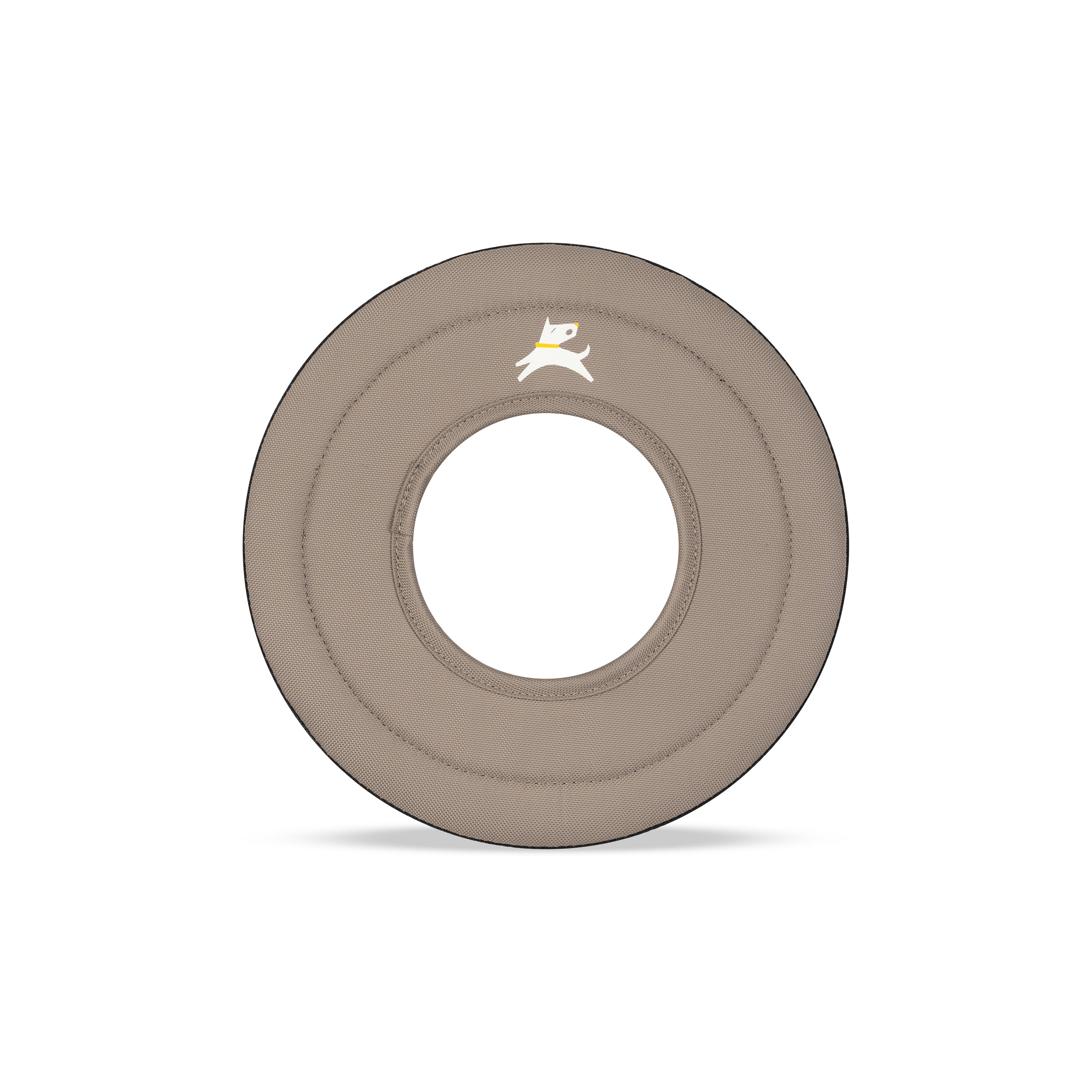Front view of the OllyDog Mini Super Flyer dog flying disc in dune tan color, showcasing the lightweight, water-compatible, and easy-to-grab recycled polyester design. #color_dune