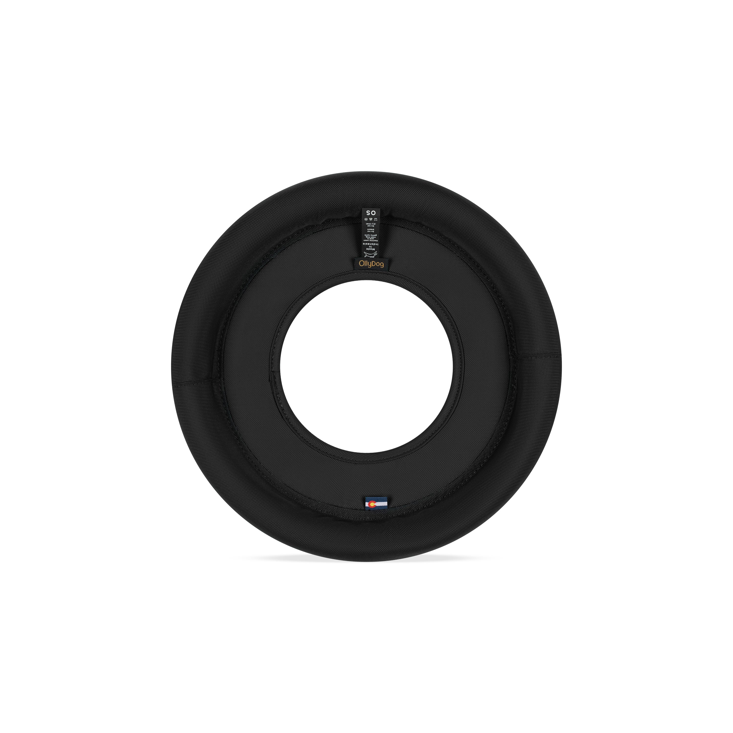 Back view of the OllyDog Mini Super Flyer dog flying disc in raven black color, highlighting the durable recycled polyester construction and branding details. #color_raven