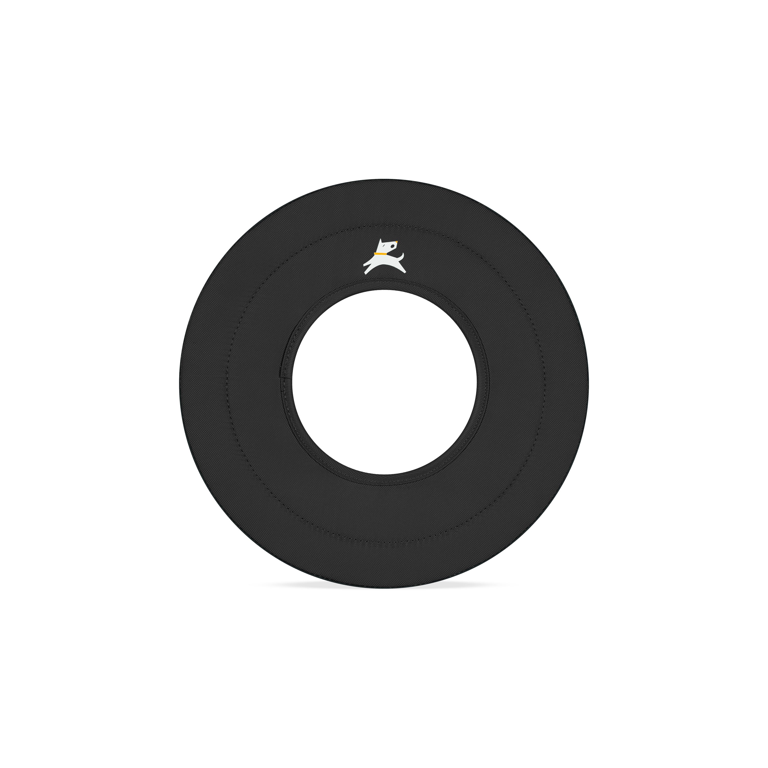 Front view of the OllyDog Mini Super Flyer dog flying disc in raven black color, showcasing the lightweight, water-compatible, and easy-to-grab recycled polyester design. #color_raven