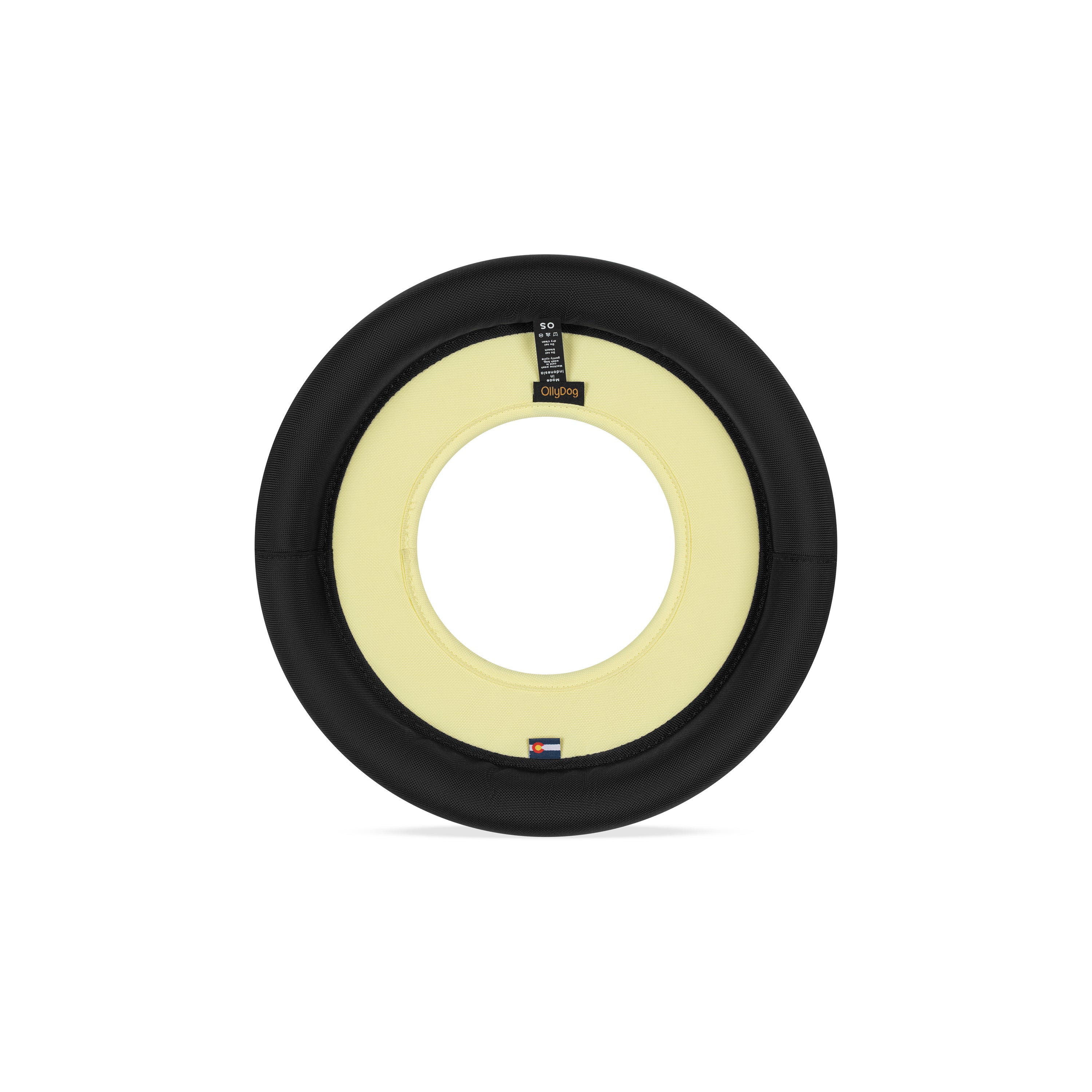 Back view of the OllyDog Mini Super Flyer dog flying disc in sol color, highlighting the durable recycled polyester construction and branding details. #color_sol