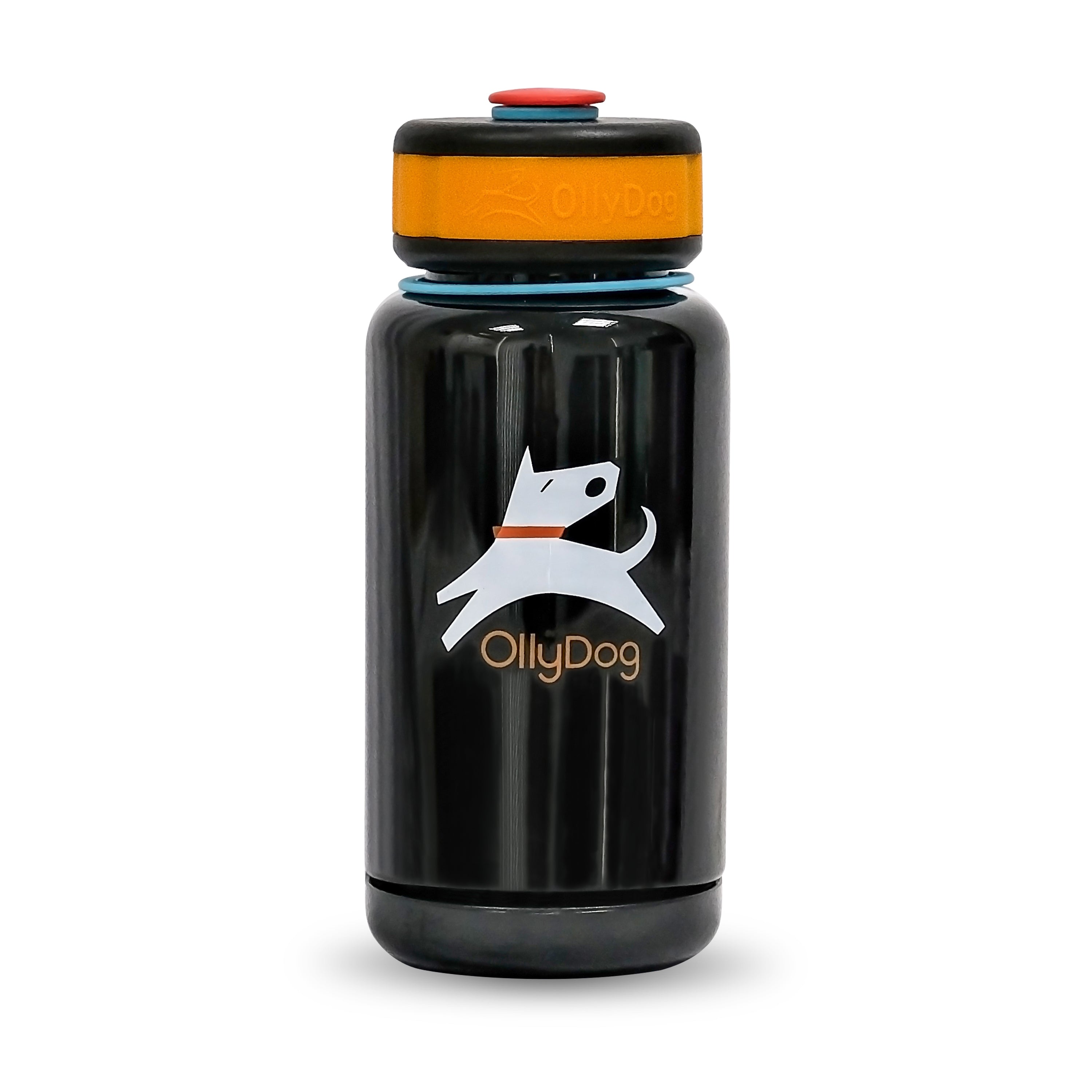 Front view of the OllyDog OllyBottle 600ml in Chromatic black, a compact and portable BPA-free dog water bottle with an integrated bowl #size_chromatic / 600ml