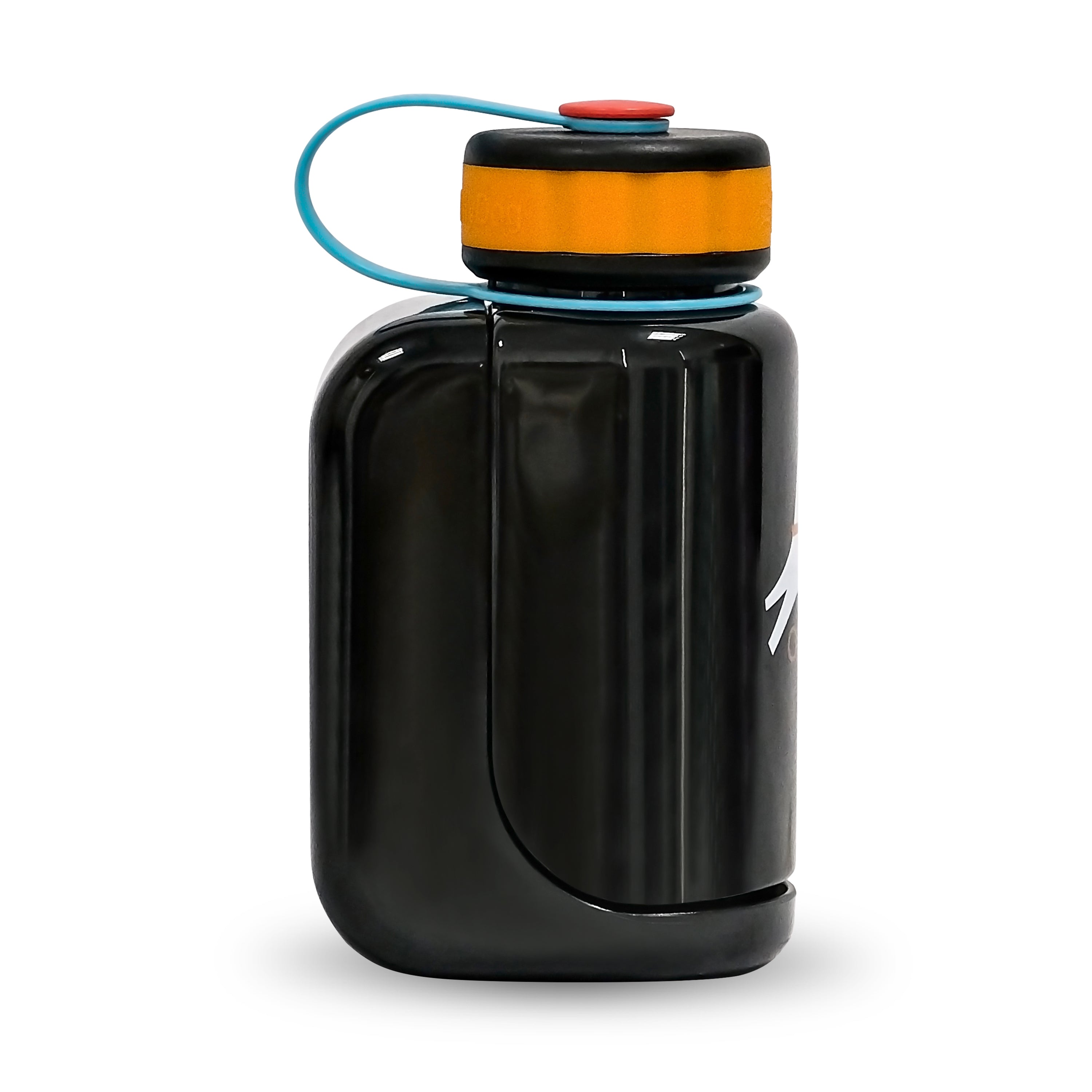 A person hiking in the forest with a golden retriever holding the 1L OllyDog OllyBottle portable water dispenser in Chromatic black #size_chromatic / 600ml