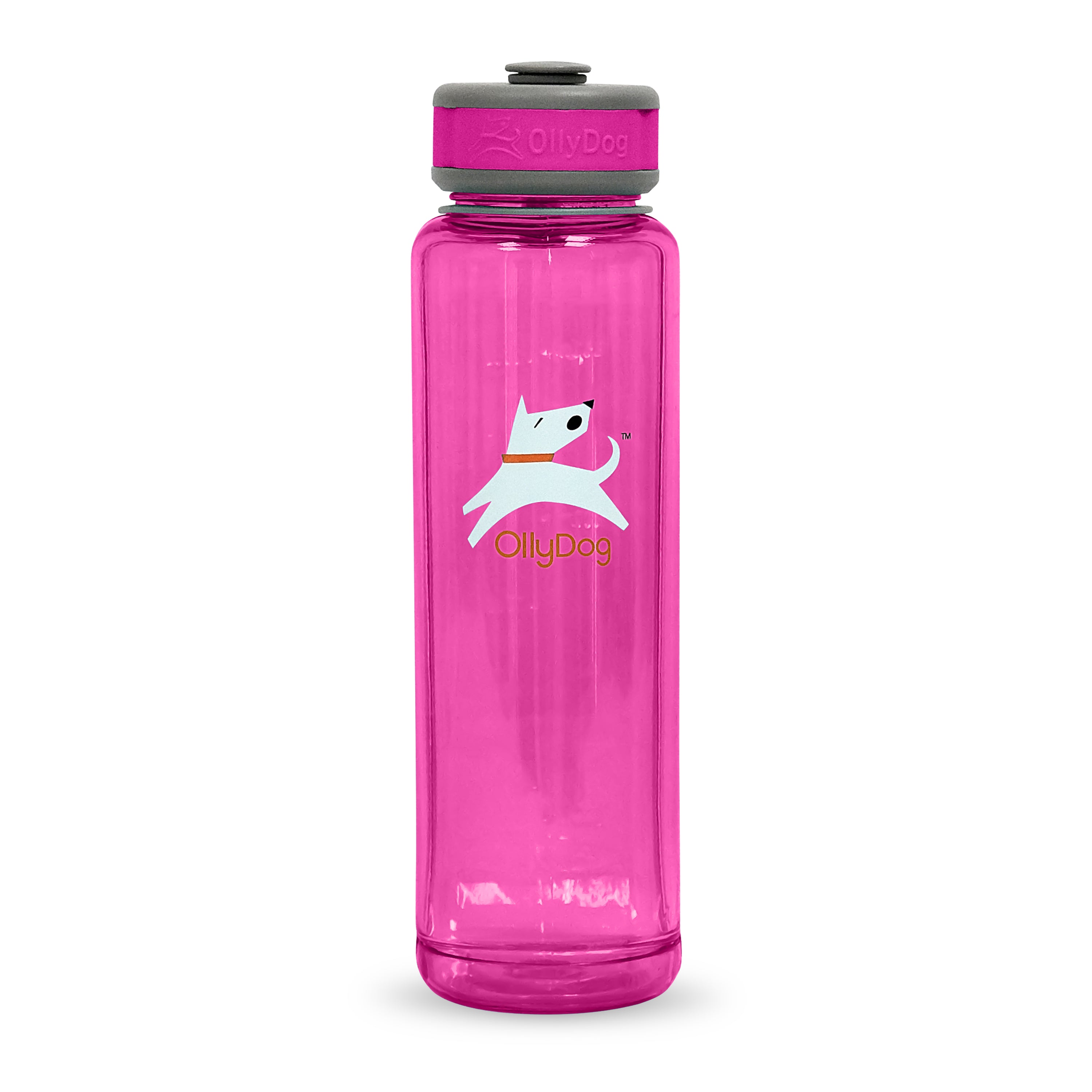Front view of a 1L Magenta OllyBottle, a portable dog water bottle made from BPA-free plastic featuring a patented integrated drinking bowl for outdoor travel and hydration #size_hot pink / 1l