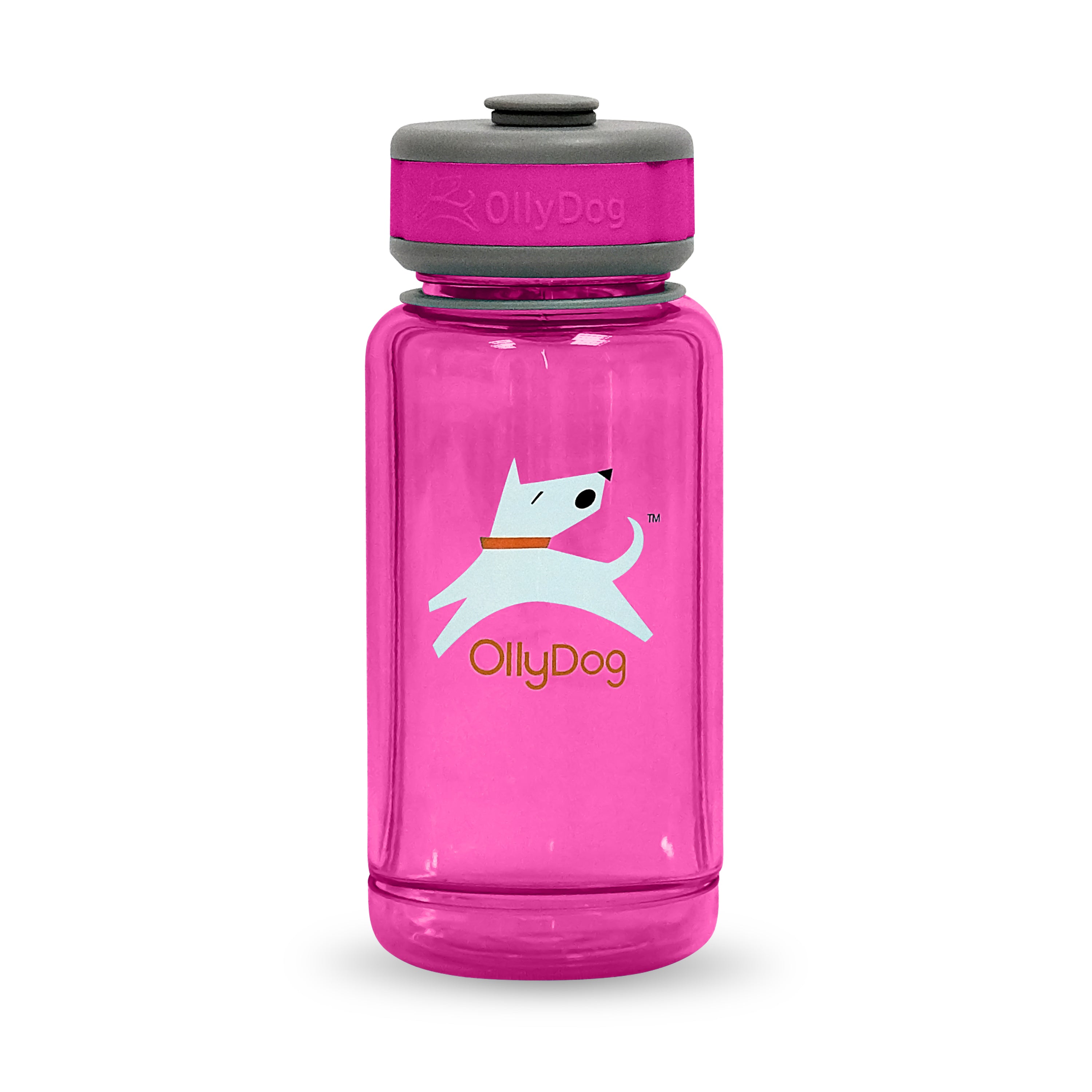 Front view of a 600ml Magenta OllyBottle, a travel-friendly portable dog water bottle made from BPA-free, non-toxic plastic with a patented detachable bowl for easy, slobber-free sharing during outdoor play #size_hot pink / 600ml