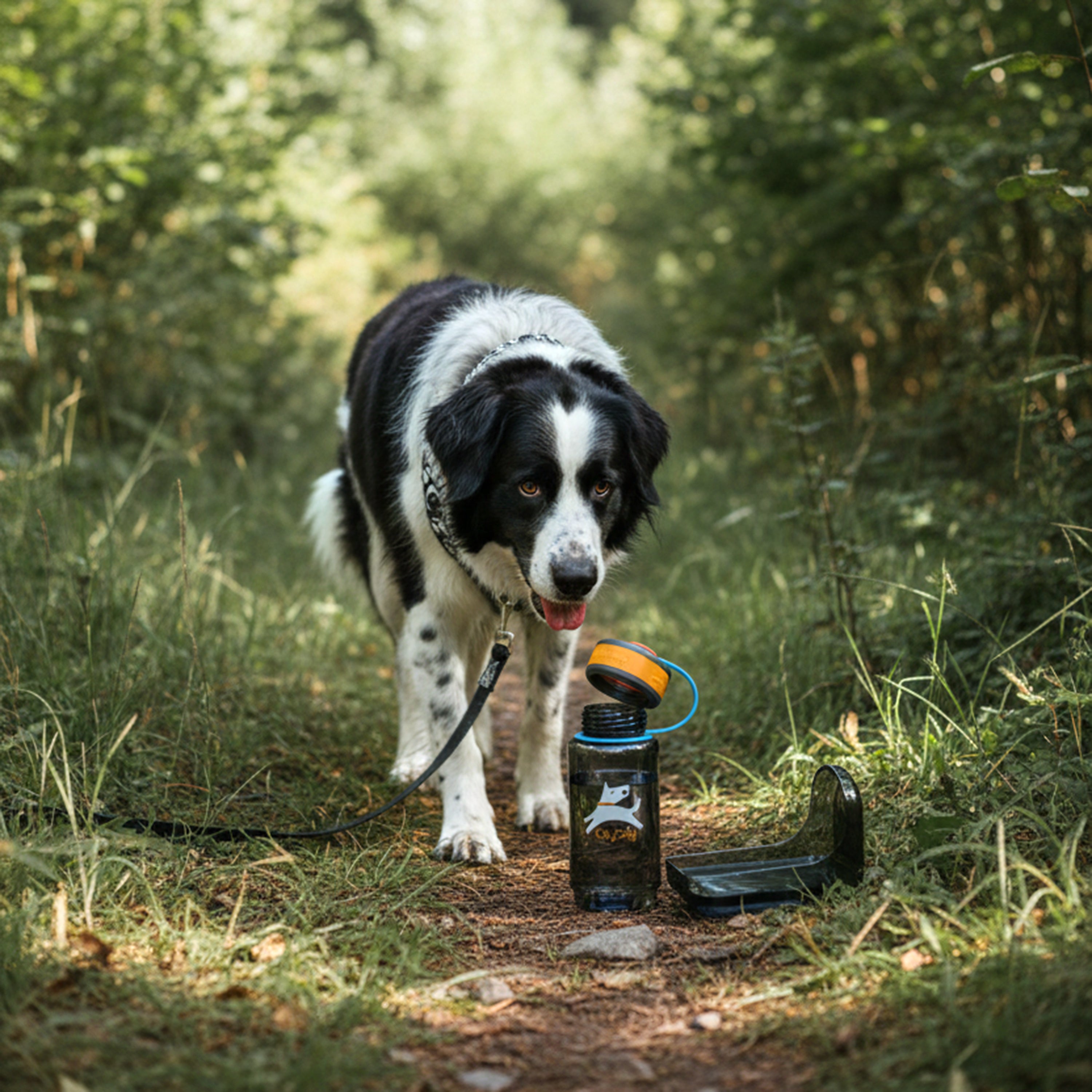 Lifestyle action shot of a black and white dog walking on a forest trail next to the 600ml OllyDog OllyBottle portable water dispenser in chromatic black color, featuring a detached bowl on the ground for easy outdoor hydration.#size_chromatic / 600ml