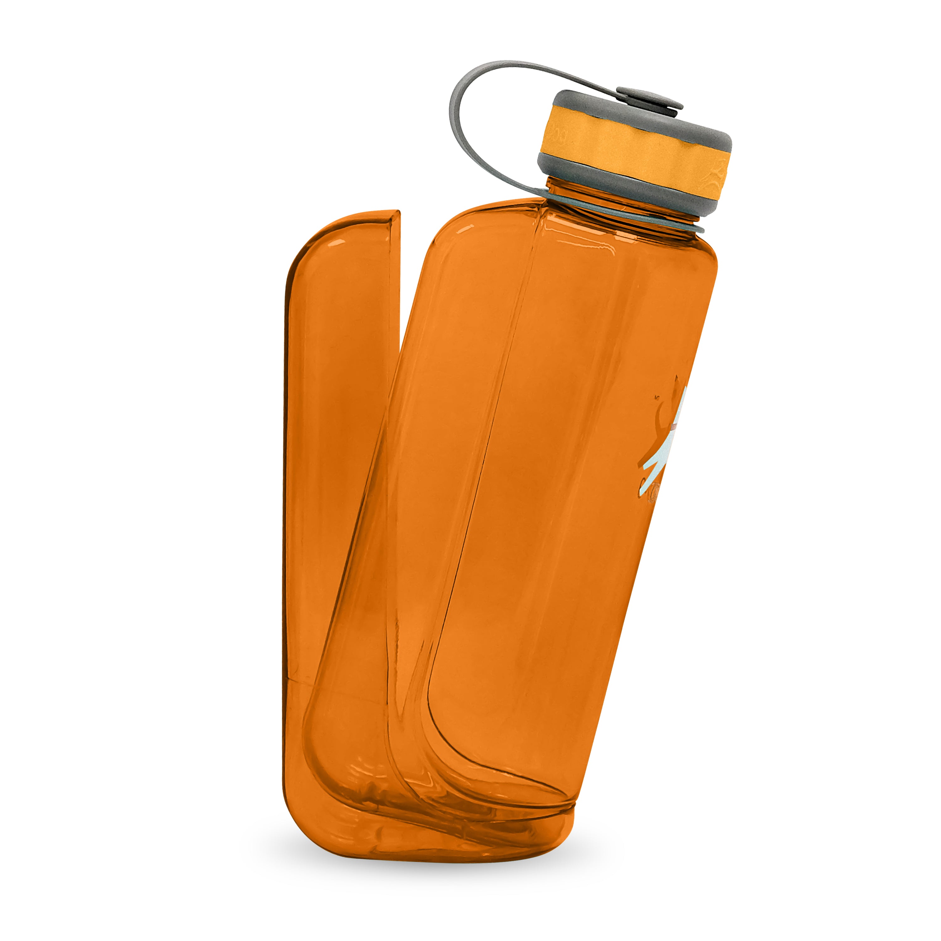 Close-up detail view of the OllyDog OllyBottle portable dog water bottle in 1-liter flame orange size, showing the detachable bowl being removed from the side for easy, slobber-free water sharing on the go.#size_flame - 1l