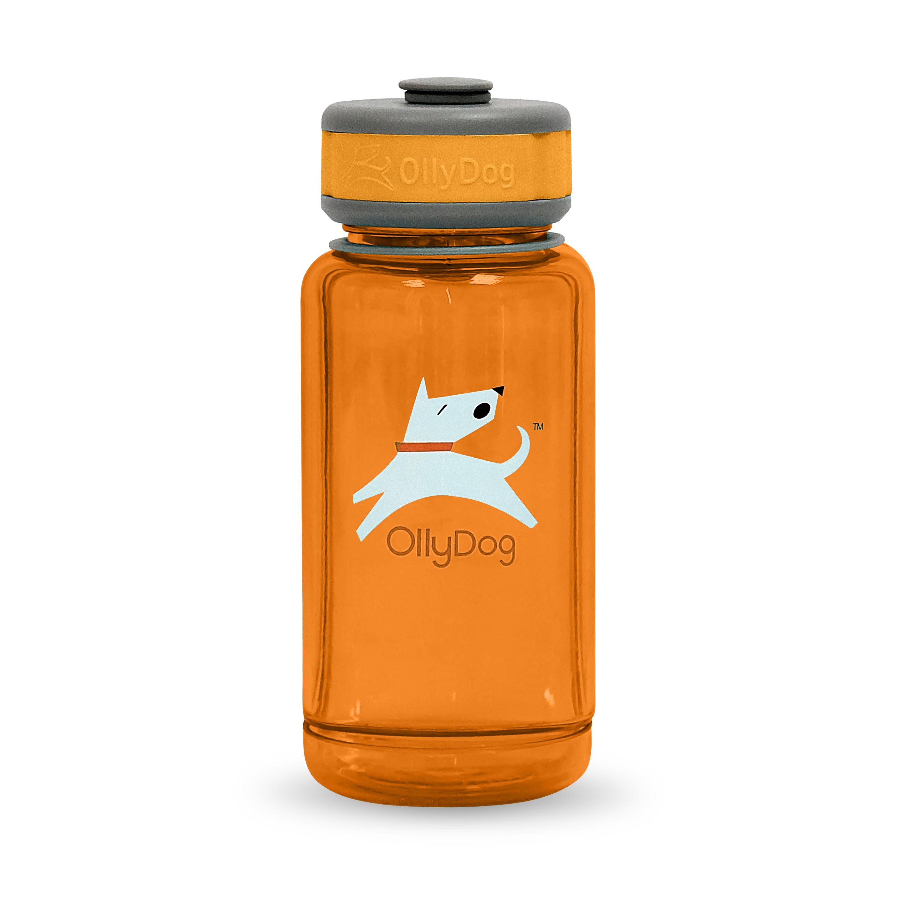 Front view of the OllyDog OllyBottle portable dog water bottle in 600ml flame orange size, highlighting the durable, BPA-free plastic material and brand logo for travel-friendly outdoor hydration.#size_flame - 600ml