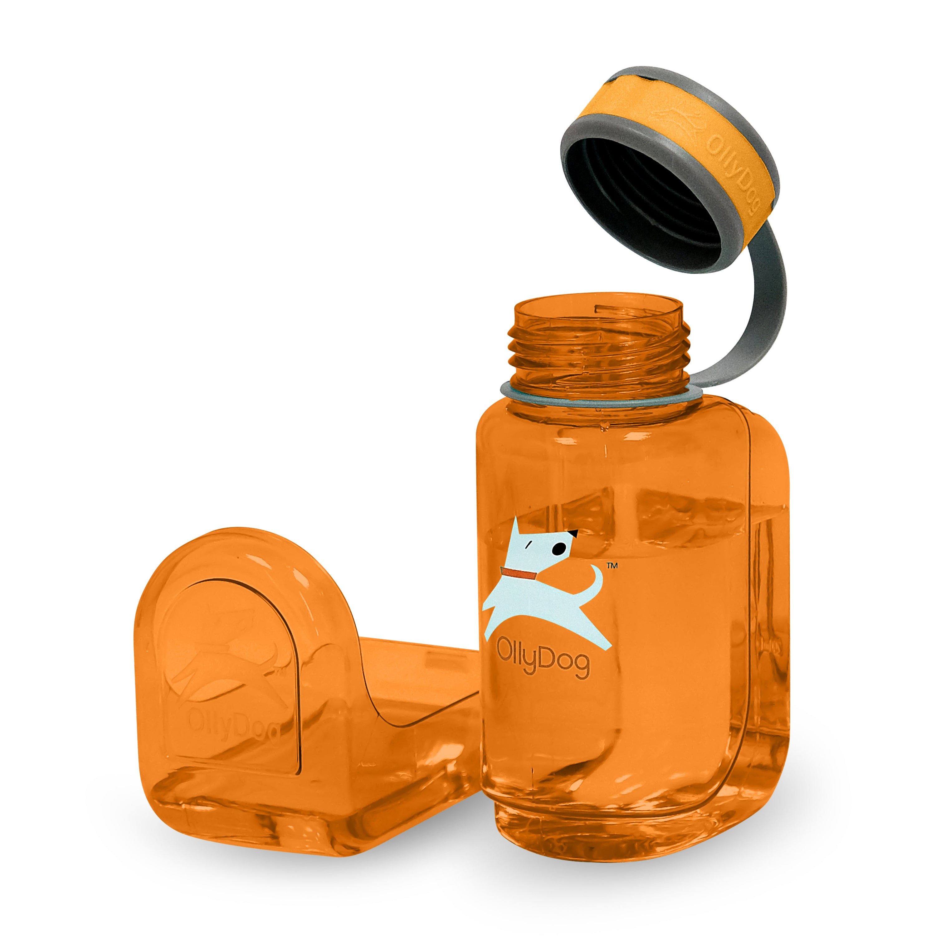 Side view of the OllyDog OllyBottle portable dog water bottle in 600ml flame orange size, showcasing the BPA-free plastic design and detachable bowl attachment for travel-friendly sharing on the go.#size_flame - 600ml
