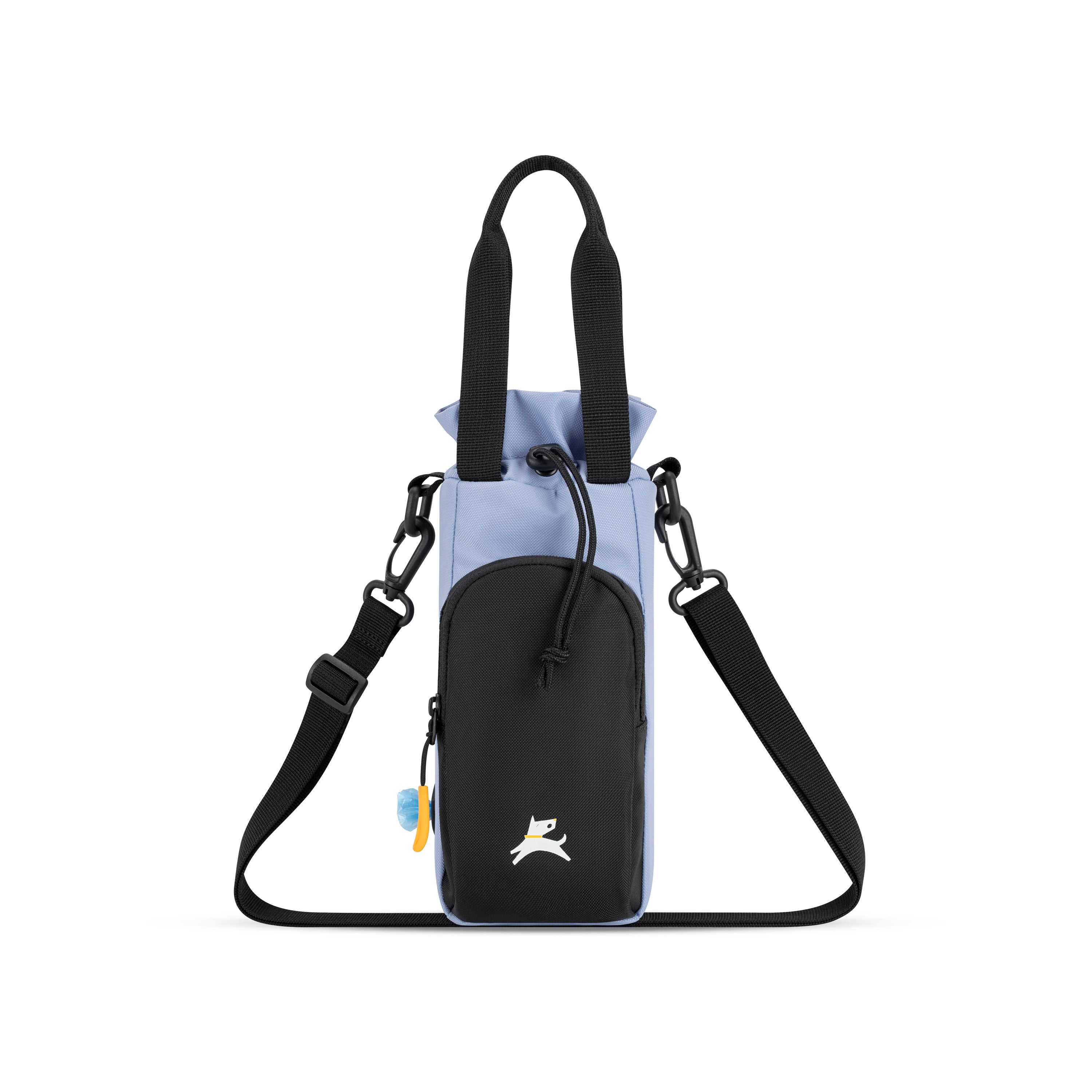 OllyDog OllyCaddy dog walking carryall in blue heron, featuring a multifunctional water bottle holder, treat pouch, and adjustable crossbody strap for hands-free daily dog walks. #color_blue heron