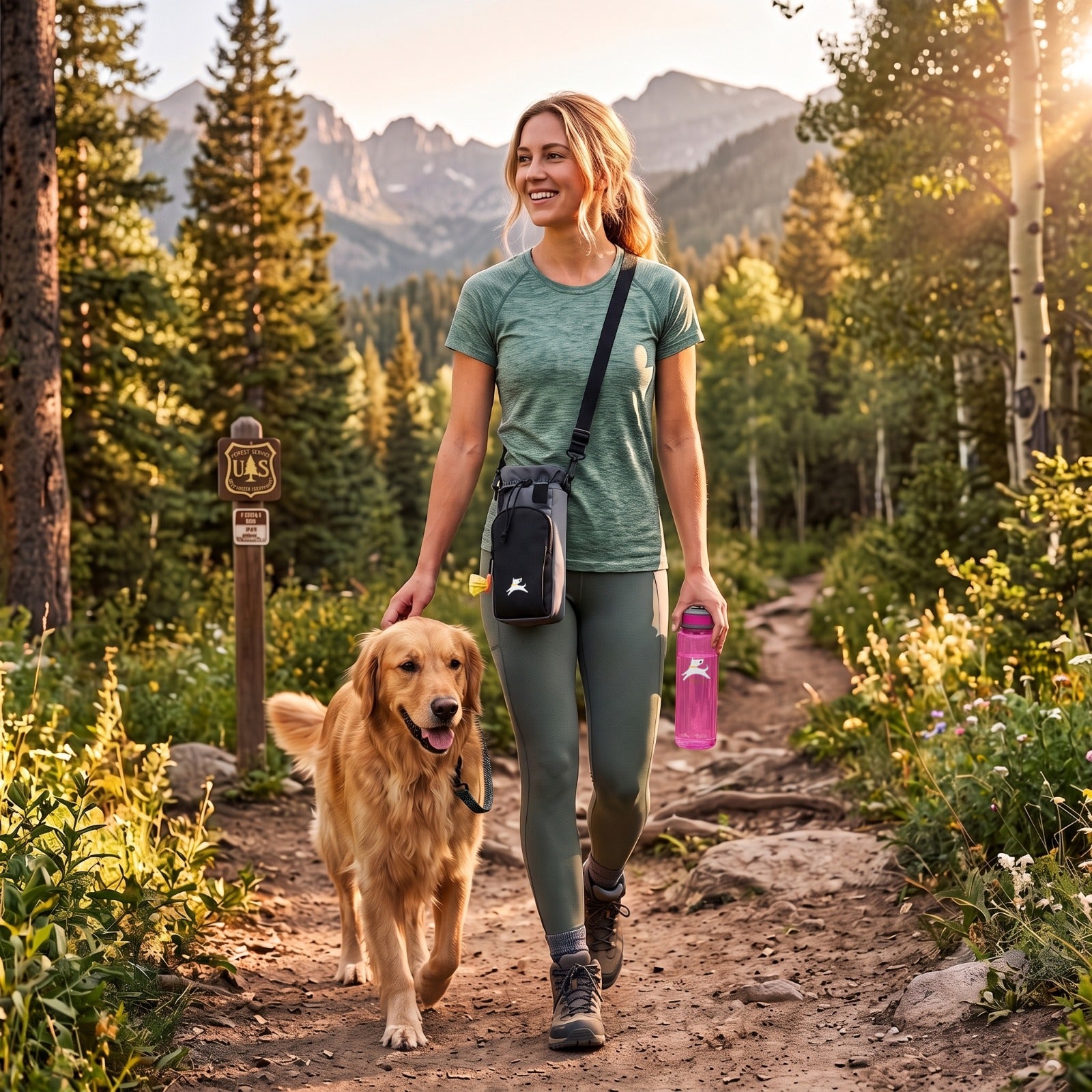 A woman hiking on a forest trail with her golden retriever, wearing a green athletic t-shirt and leggings, carrying a black crossbody sling bag, and holding a pink water bottle. #color_castle rock