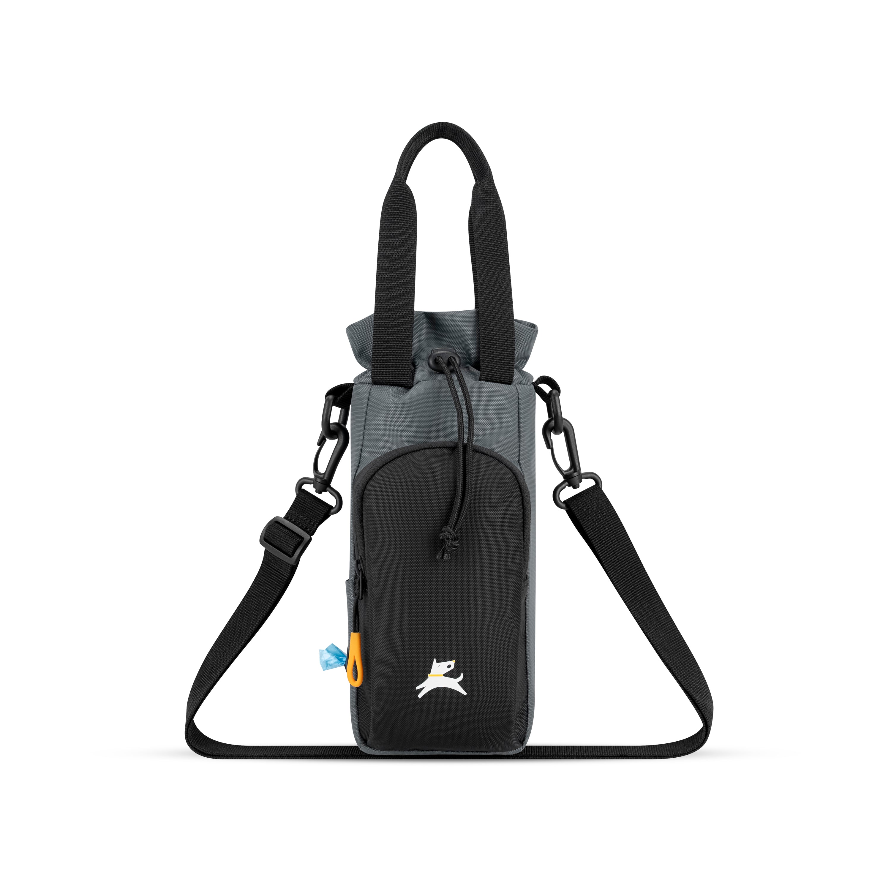OllyDog OllyCaddy dog walking carryall in castle rock, showcasing the side-mounted waste bag dispenser, front treat pocket, and adjustable crossbody strap. #color_castle rock