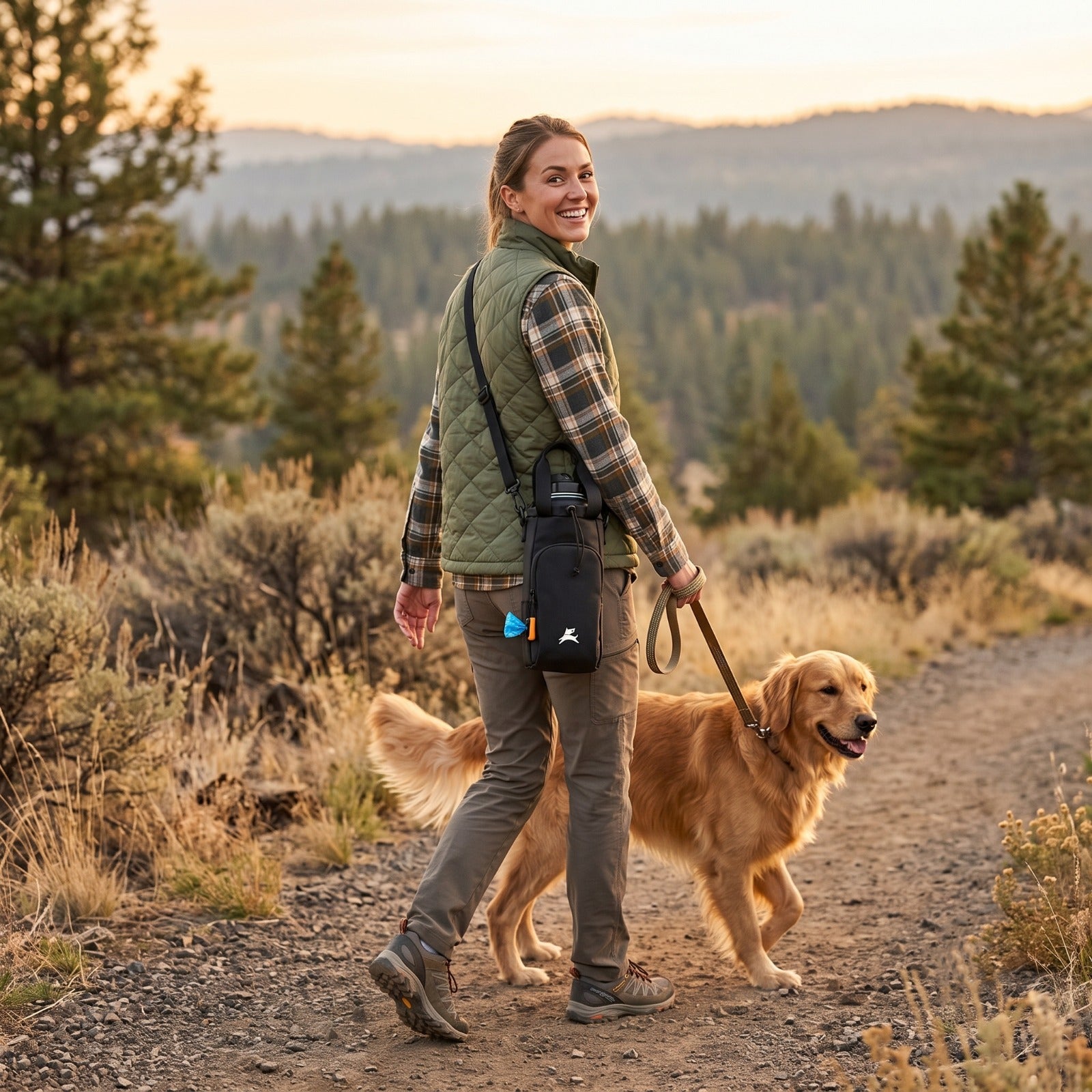 Lifestyle photo of a woman hiking on a dirt trail with her golden retriever, wearing the black OllyDog OllyCaddy dog walking carryall in Raven color across her body, showcasing the built-in waste bag dispenser for hands-free adventures. #color_raven