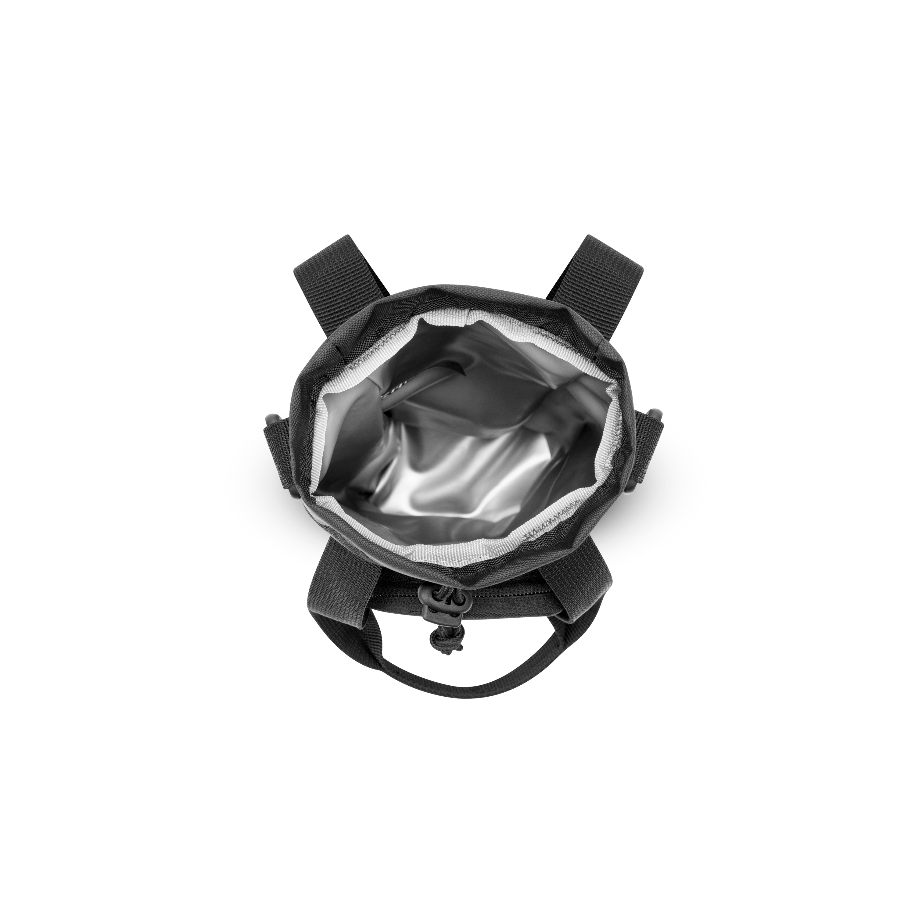 Top-down view of the OllyDog OllyCaddy dog walking carryall in raven
color, showcasing the leak-proof main compartment and adjustable drawstring opening. #color_raven