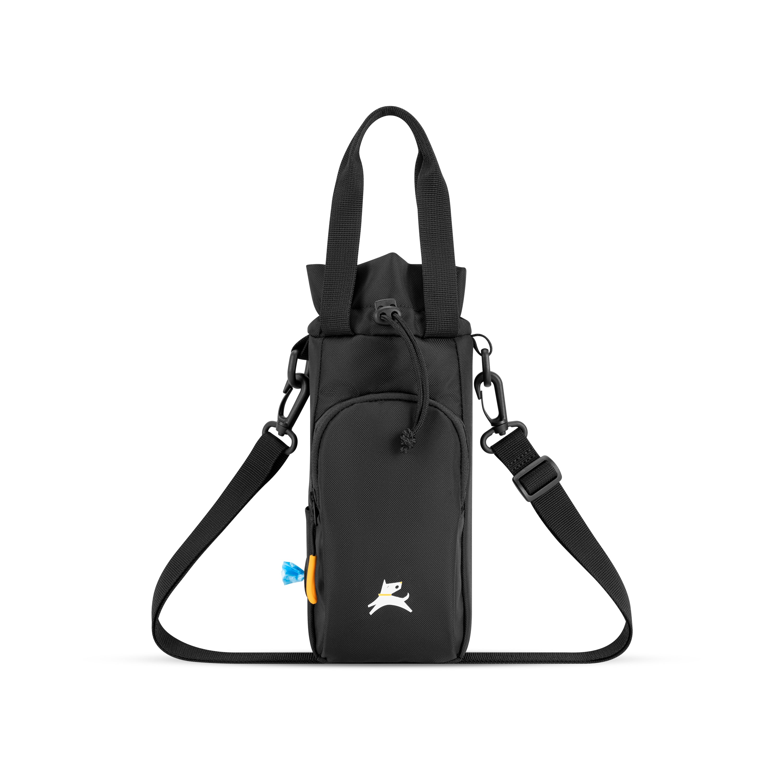 OllyDog OllyCaddy dog walking carryall in raven, featuring a multifunctional water bottle holder, treat pouch, and adjustable crossbody strap for hands-free daily dog walks. #color_raven
