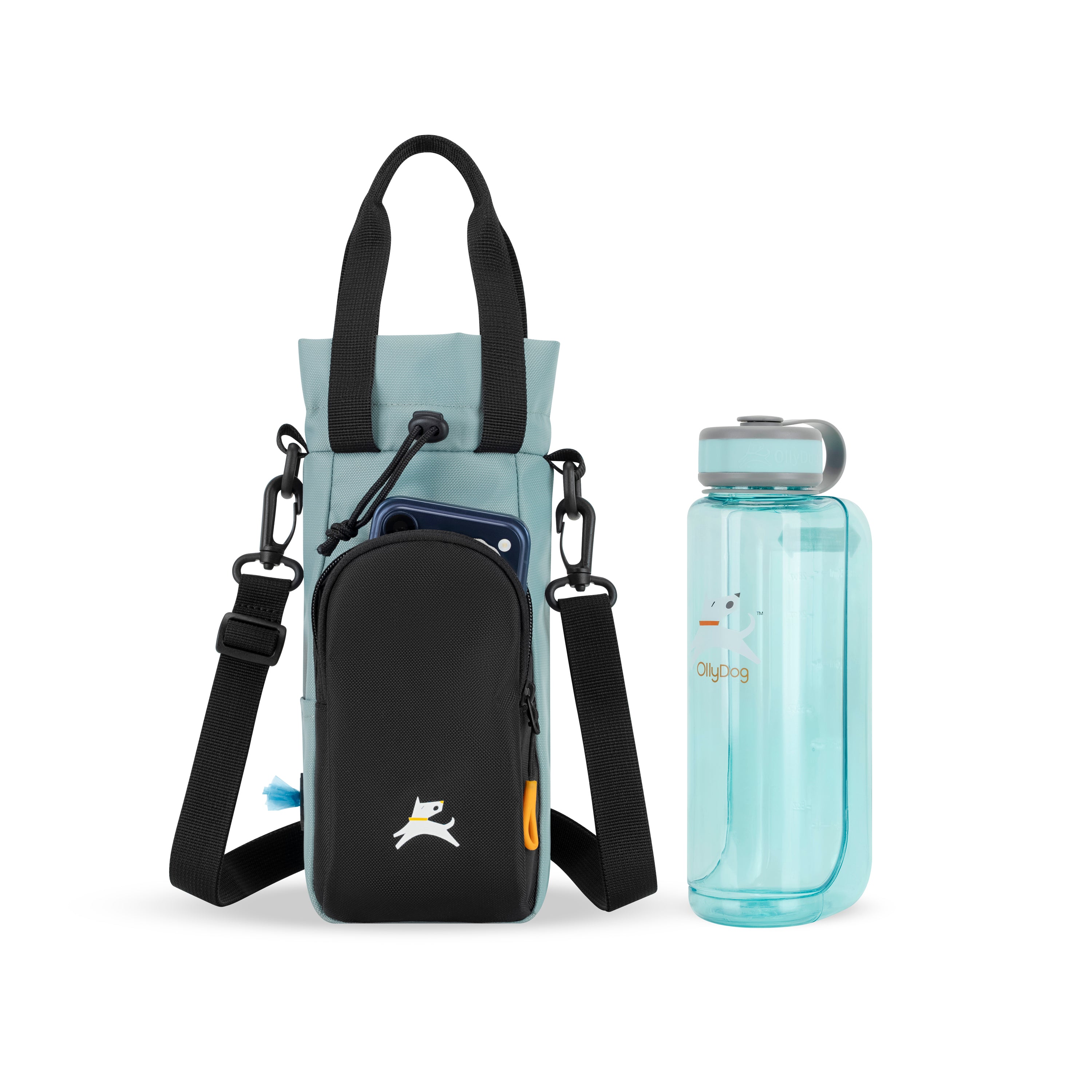 OllyDog OllyCaddy dog walking carryall in st.lucia color, displayed with a matching water bottle and phone, featuring a multifunctional water bottle holder, treat pouch, and adjustable crossbody strap. #color_st.lucia