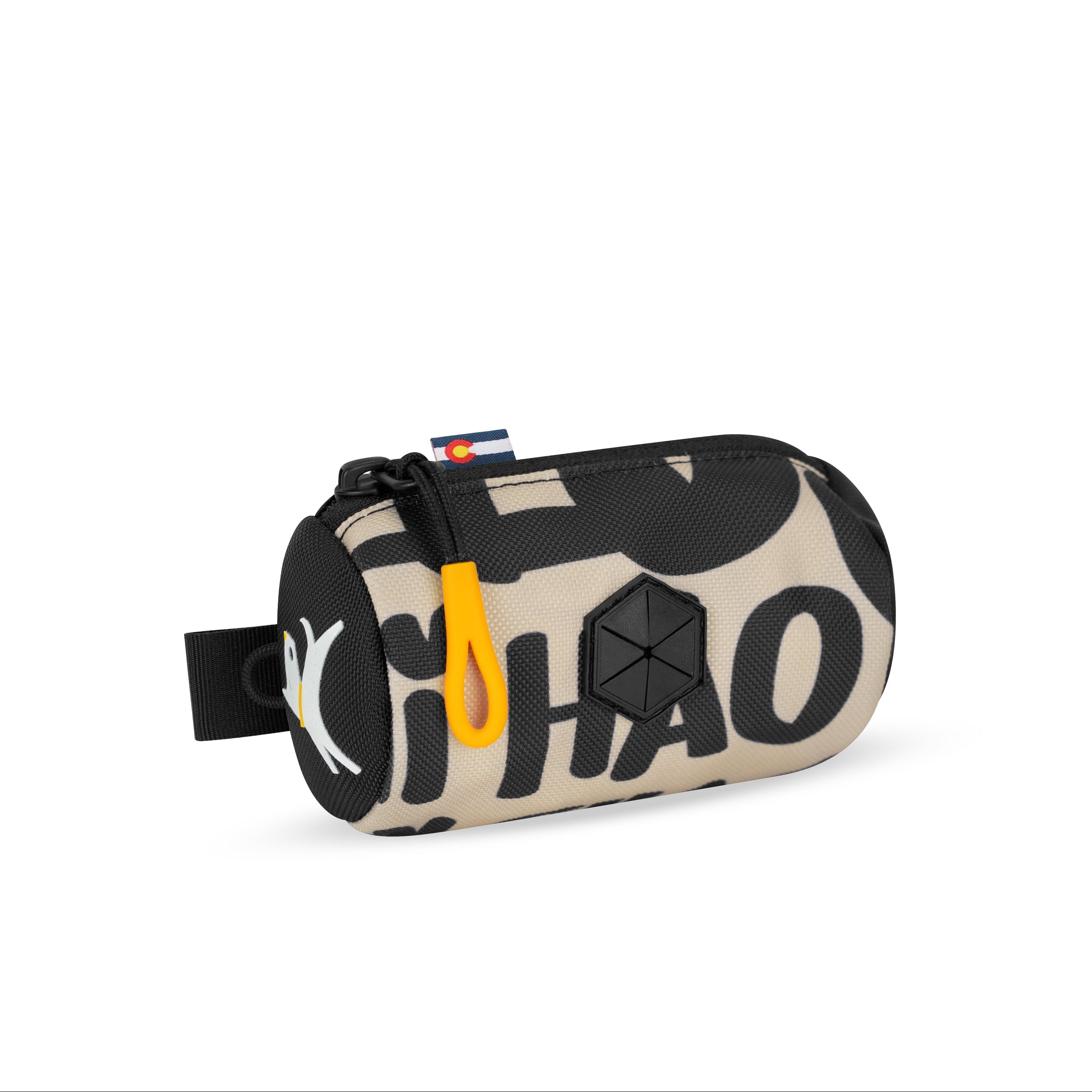 Side-angle view of the OllyDog Scoop Pick Up Bag in ciao print color, showcasing the 100% recycled polyester material, zippered closure, and integrated waste bag dispenser. #color_ciao