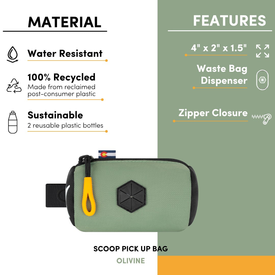 Product feature and material diagram of the OllyDog Scoop Pick Up Bag in olivine green color, highlighting water-resistant 100% recycled material, 4 inch by 2 inch by 1.5 inch dimensions, waste bag dispenser, and zipper closure. #color_olivine
