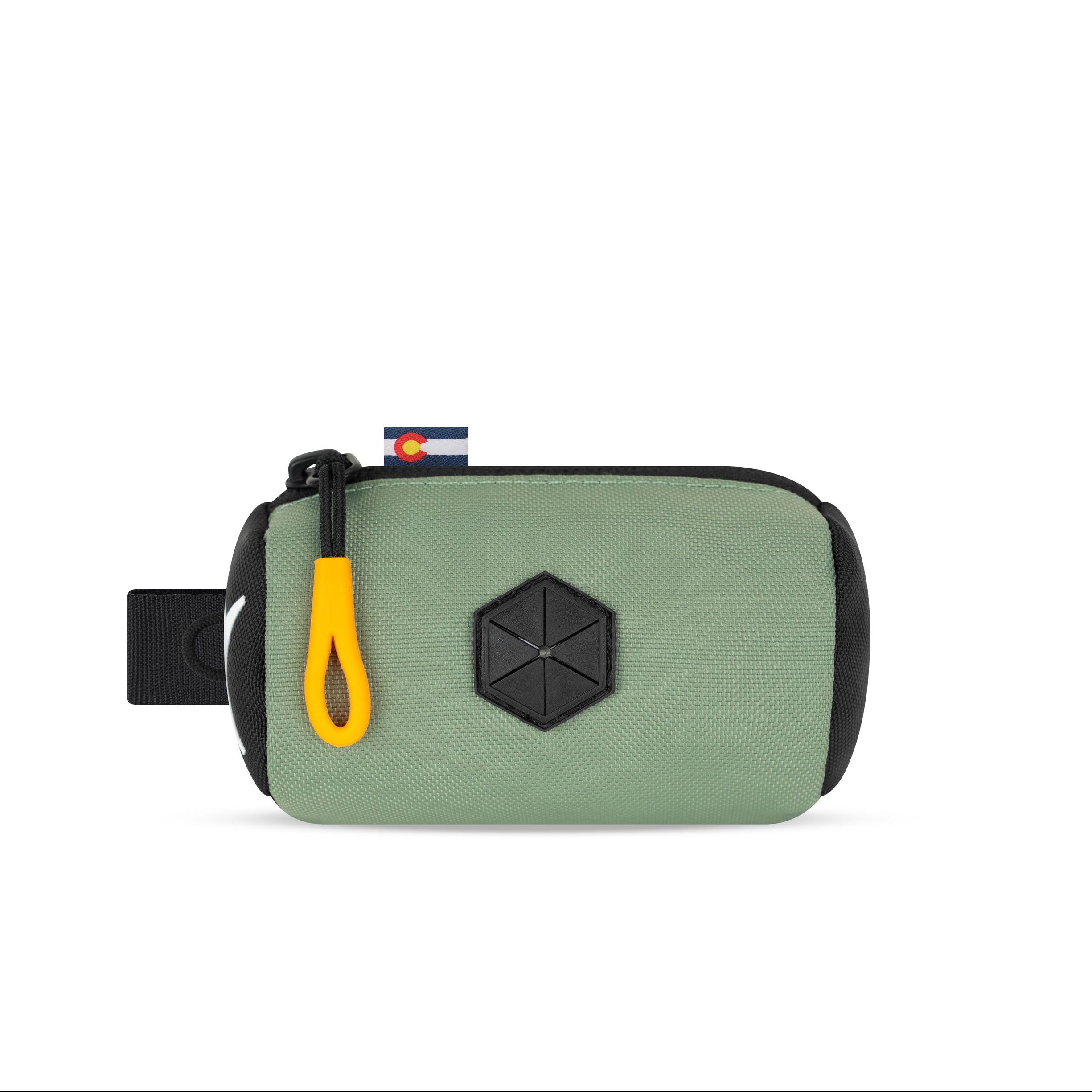 Front view of the OllyDog Scoop Pick Up Bag in olivine green color, showcasing the 100% recycled polyester design, zippered closure, and integrated waste bag dispenser. #color_olivine