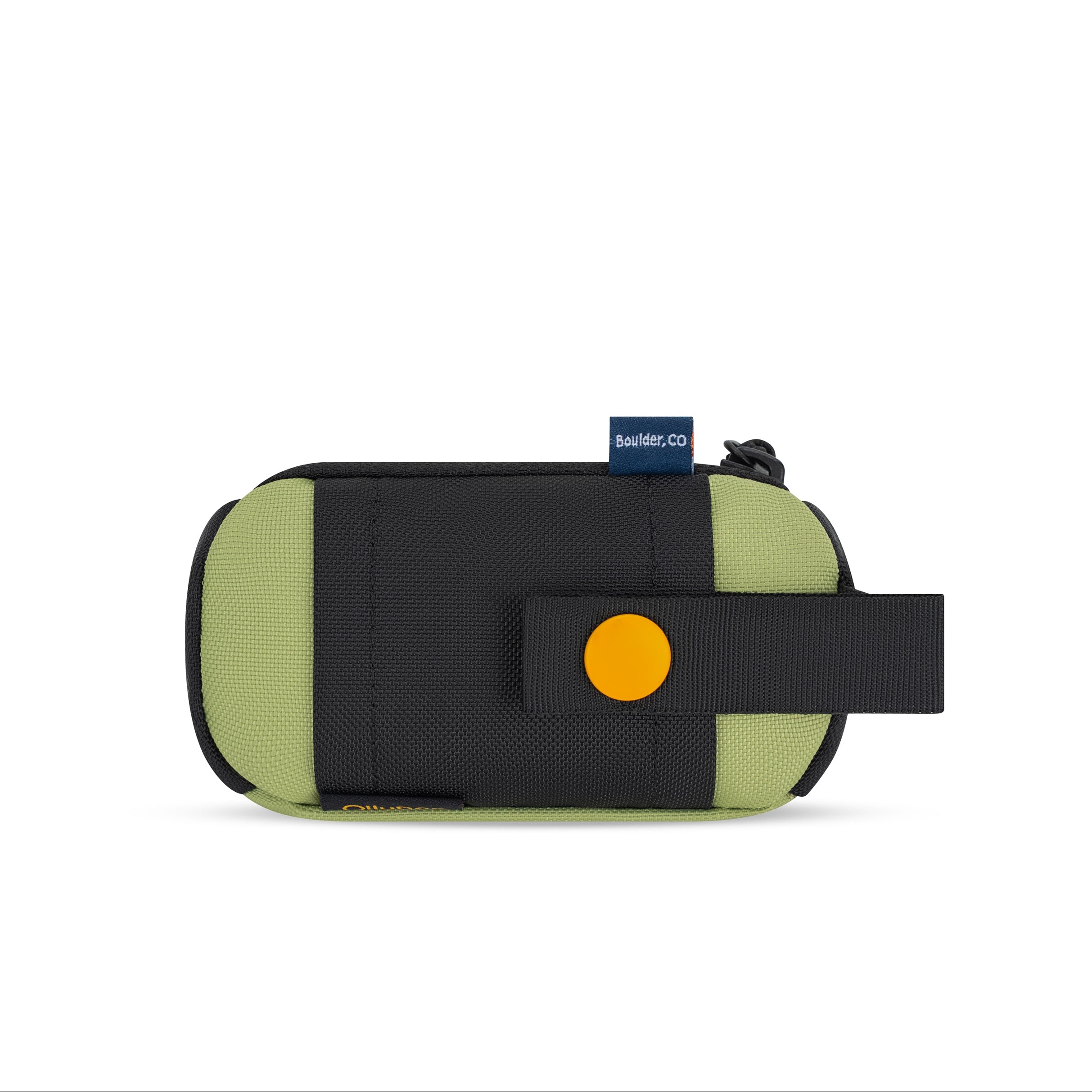 Back view of the OllyDog Scoop Pick Up Bag in palm green color, highlighting the snap closure and slide-on attachment loop for easy attachment to any leash. #color_palm