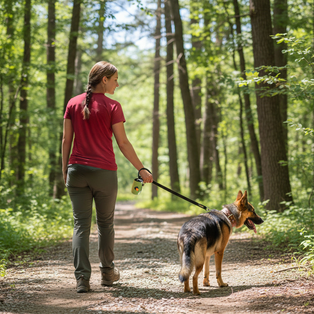 Lifestyle shot of a person walking a German Shepherd on a sunny forest trail, using the OllyDog Scoop Pick Up Bag in palm green color attached to the leash. #color_palm