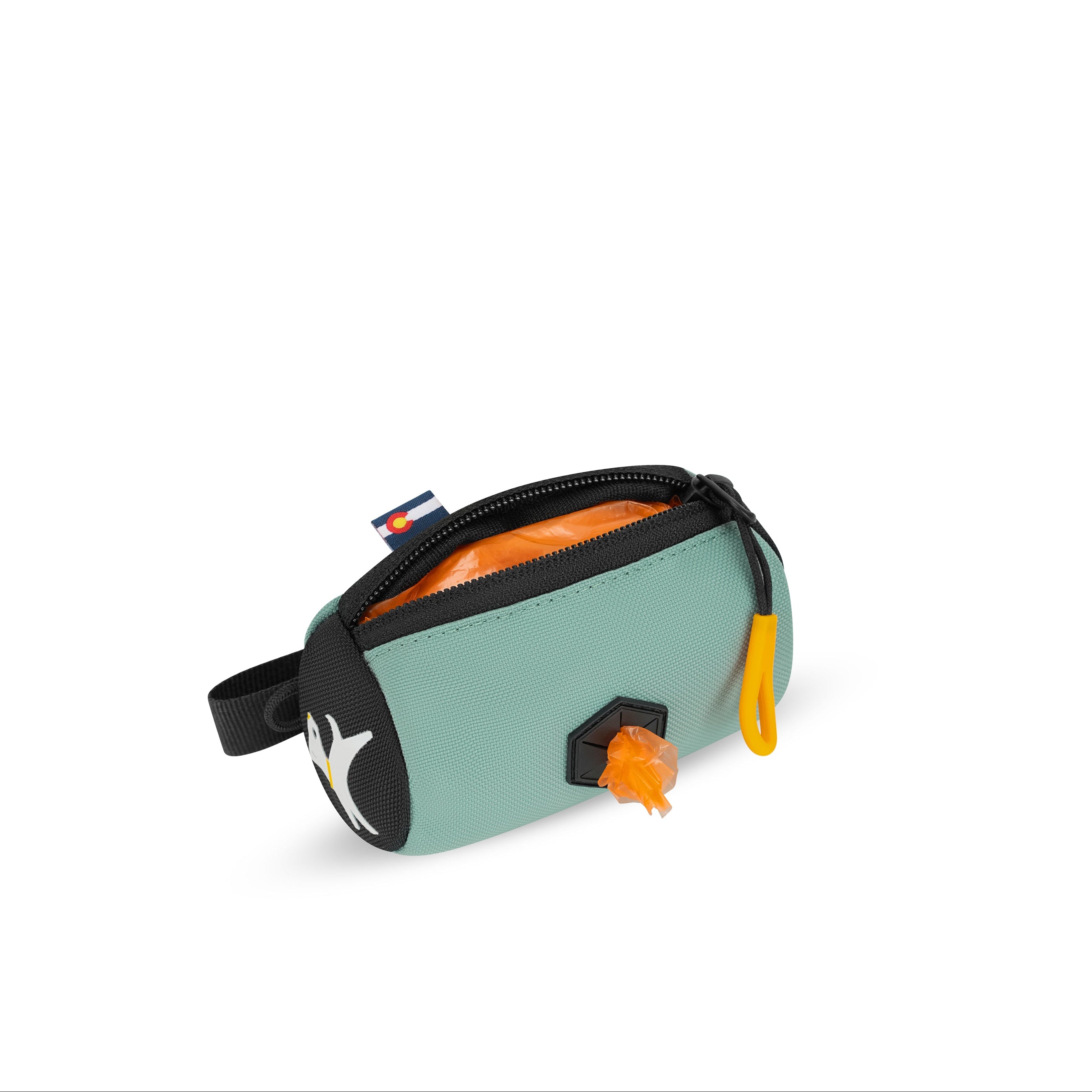 Top-down interior view of the OllyDog Scoop Pick Up Bag in surf blue color, showing the open zippered compartment and waste bags inside. #color_surf