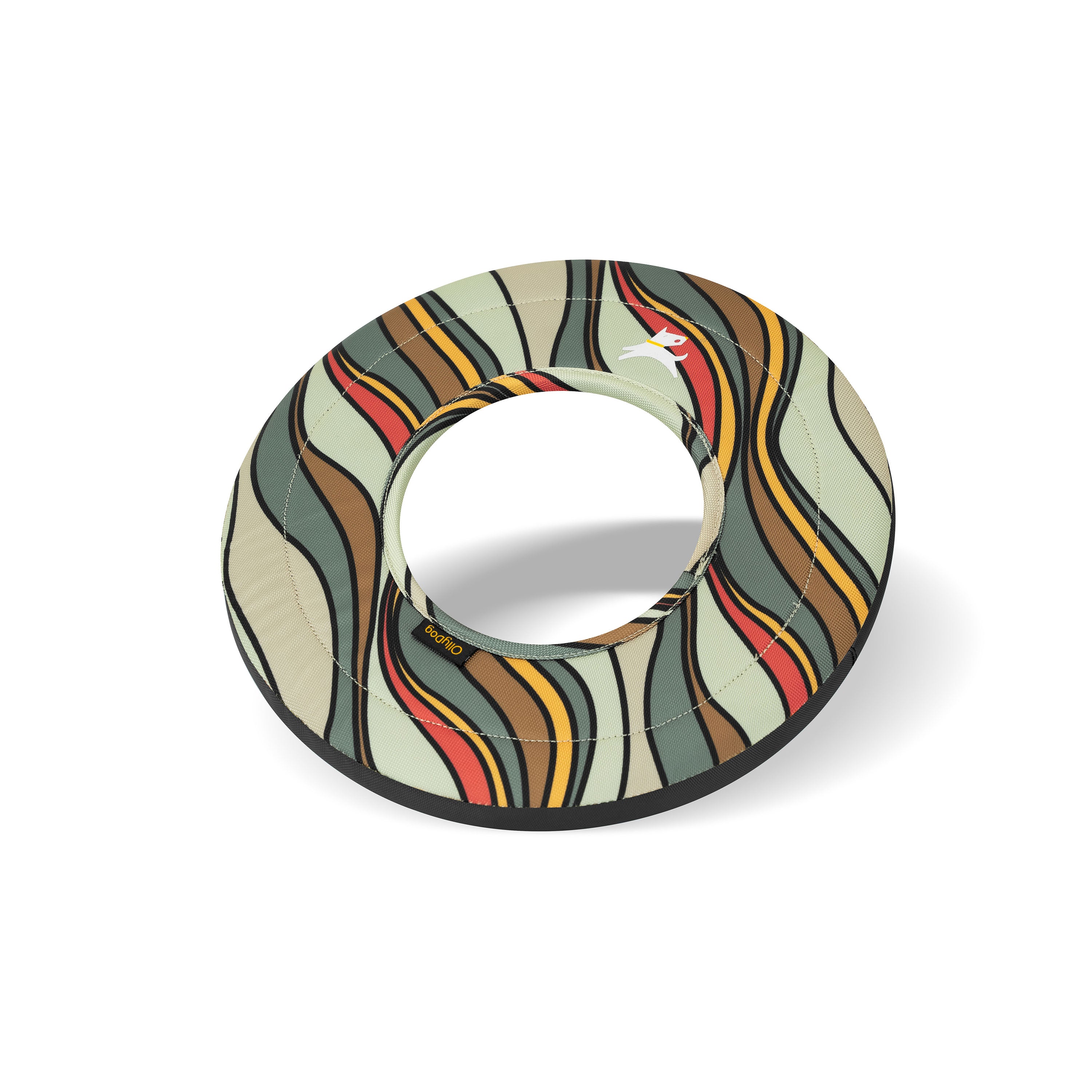 Angled side view of Ventura '73 Super Flyer dog frisbee with retro multicolor wave pattern and central cutout, designed for durable fetch play #color_ventura '73