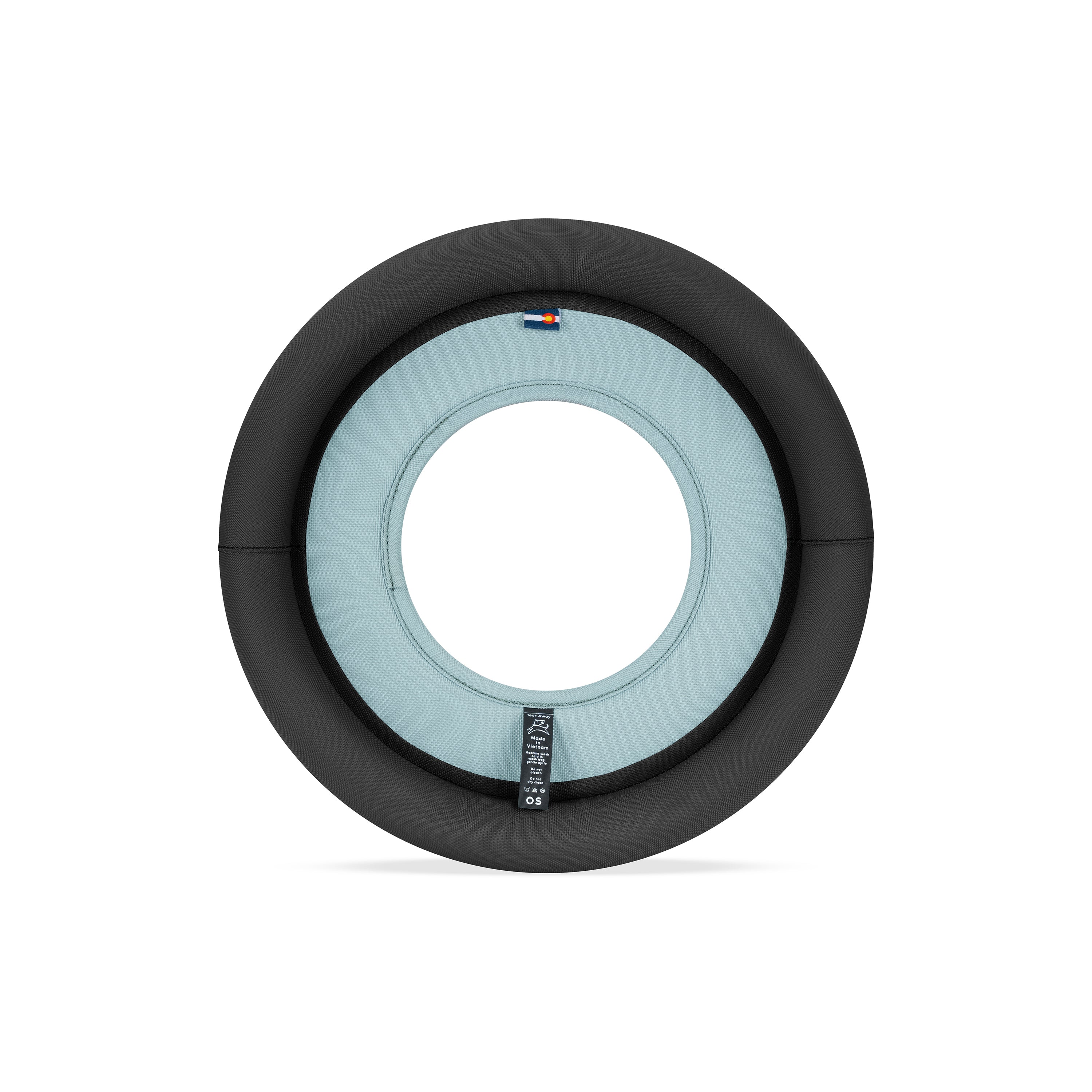 Back view of St. Lucia SuperFlyer dog frisbee showing black padded rim and soft blue fabric center with product label, designed for fetch play #color_st. lucia