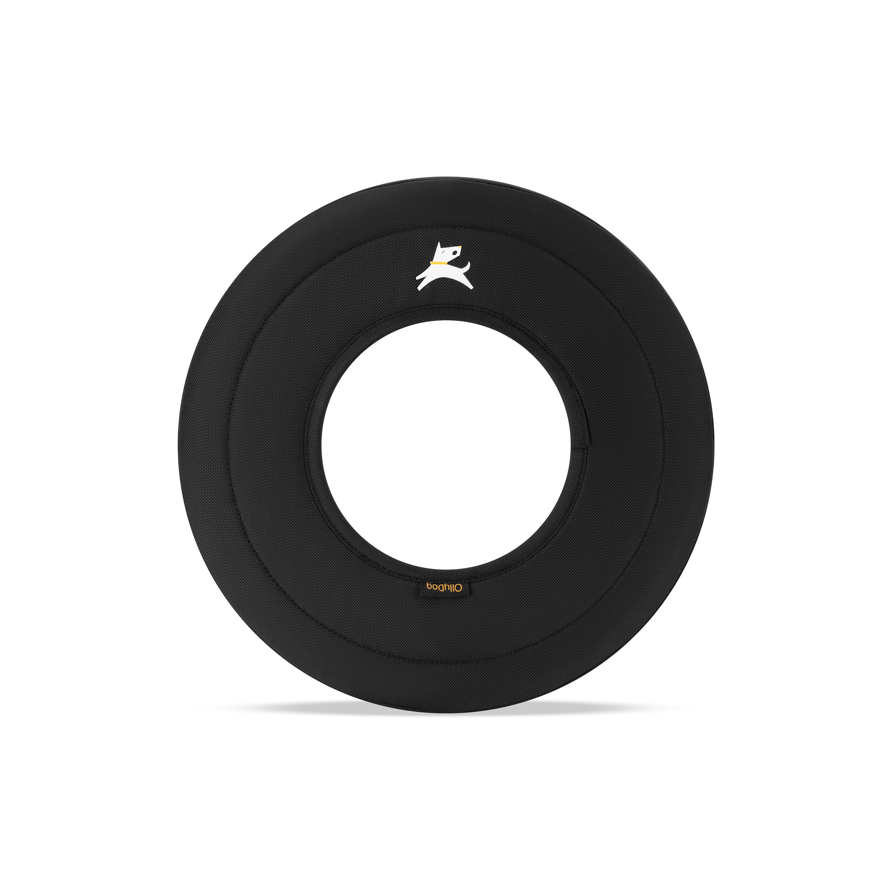 Front view of the OllyDog Super Flyer fabric dog frisbee in solid black Raven color, showcasing the circular shape and brand logo #color_raven