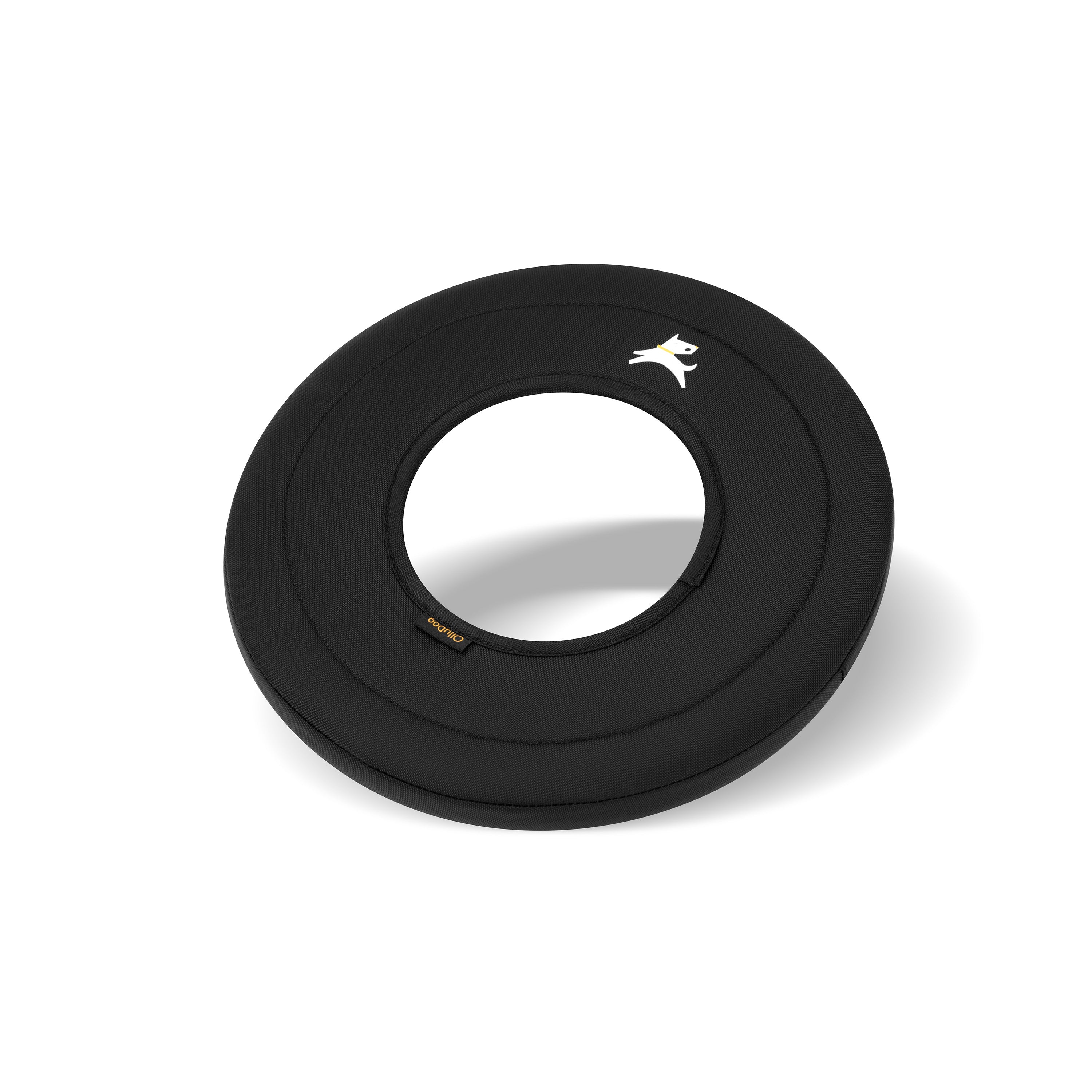 Side view of the OllyDog Super Flyer dog frisbee in Raven black, featuring a soft fabric texture, white dog logo, and contrast stitching #color_raven