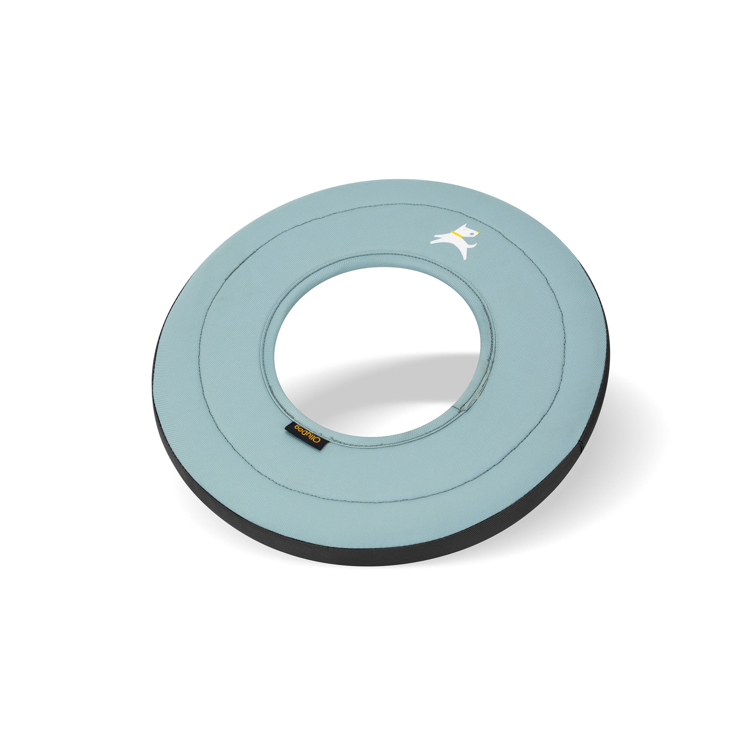 Angled side view of St. Lucia SuperFlyer dog frisbee in soft blue with central cutout and black edge, designed for interactive fetch play #color_st. lucia