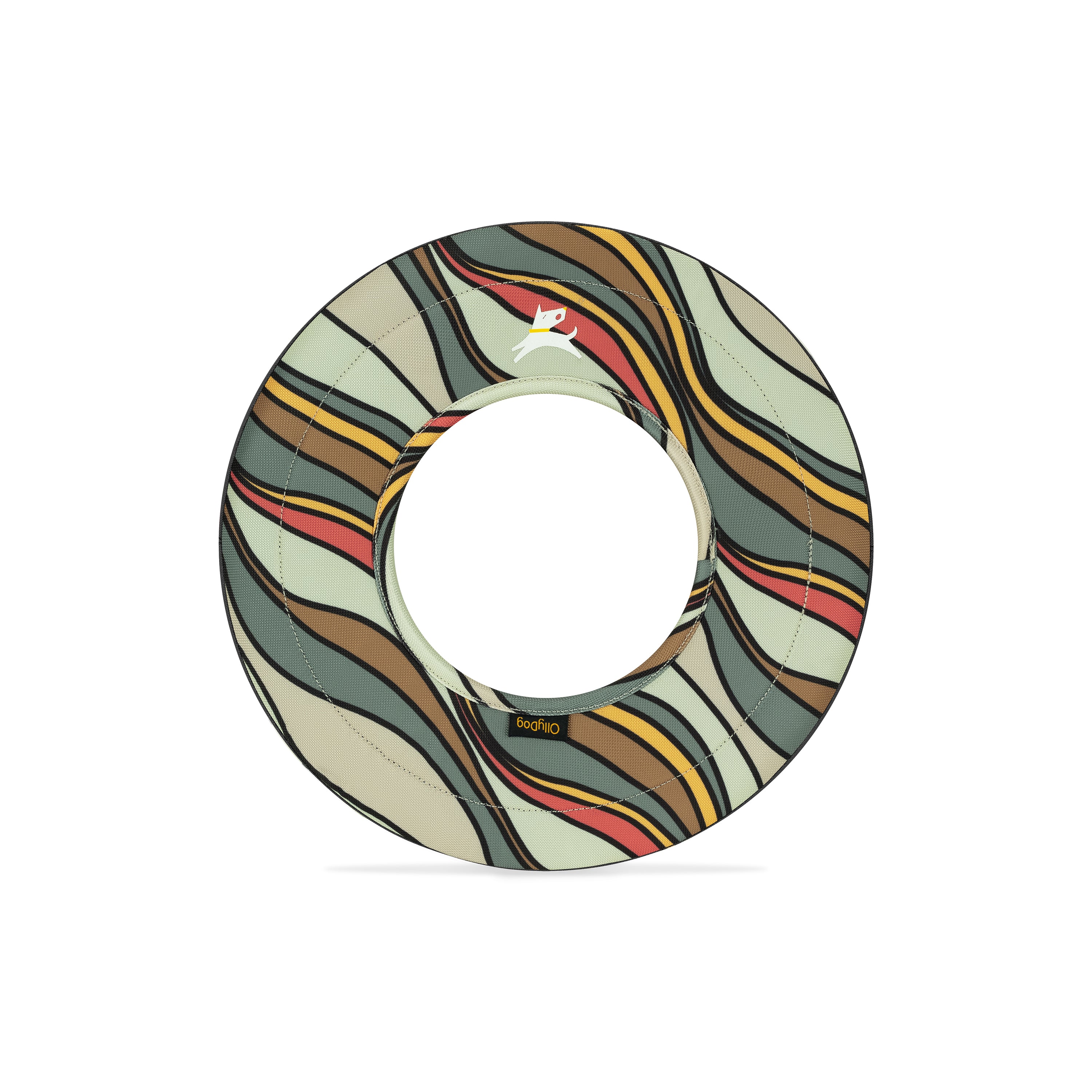 Front view of Ventura '73 Super Flyer dog frisbee featuring a retro multicolor wave pattern with central cutout, designed for fetch and outdoor play #color_ventura '73