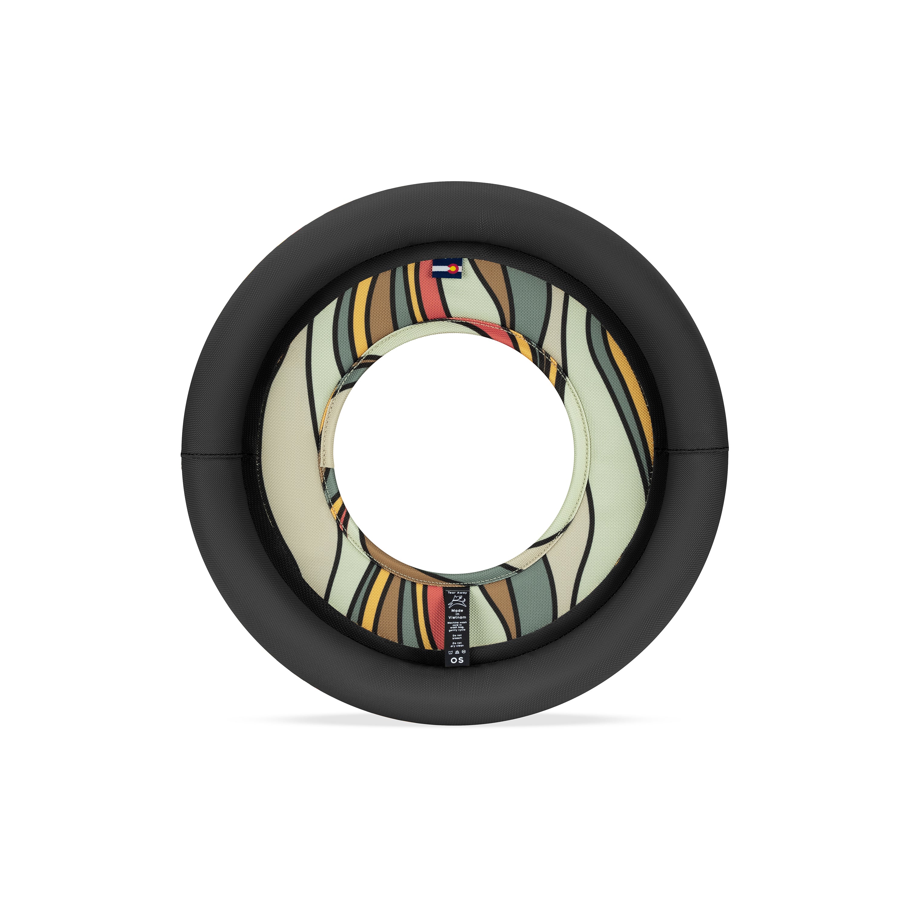 Back view of Ventura '73 Super Flyer dog frisbee featuring padded black rim and retro wave-patterned fabric center with product label, designed for fetch play #color_ventura '73