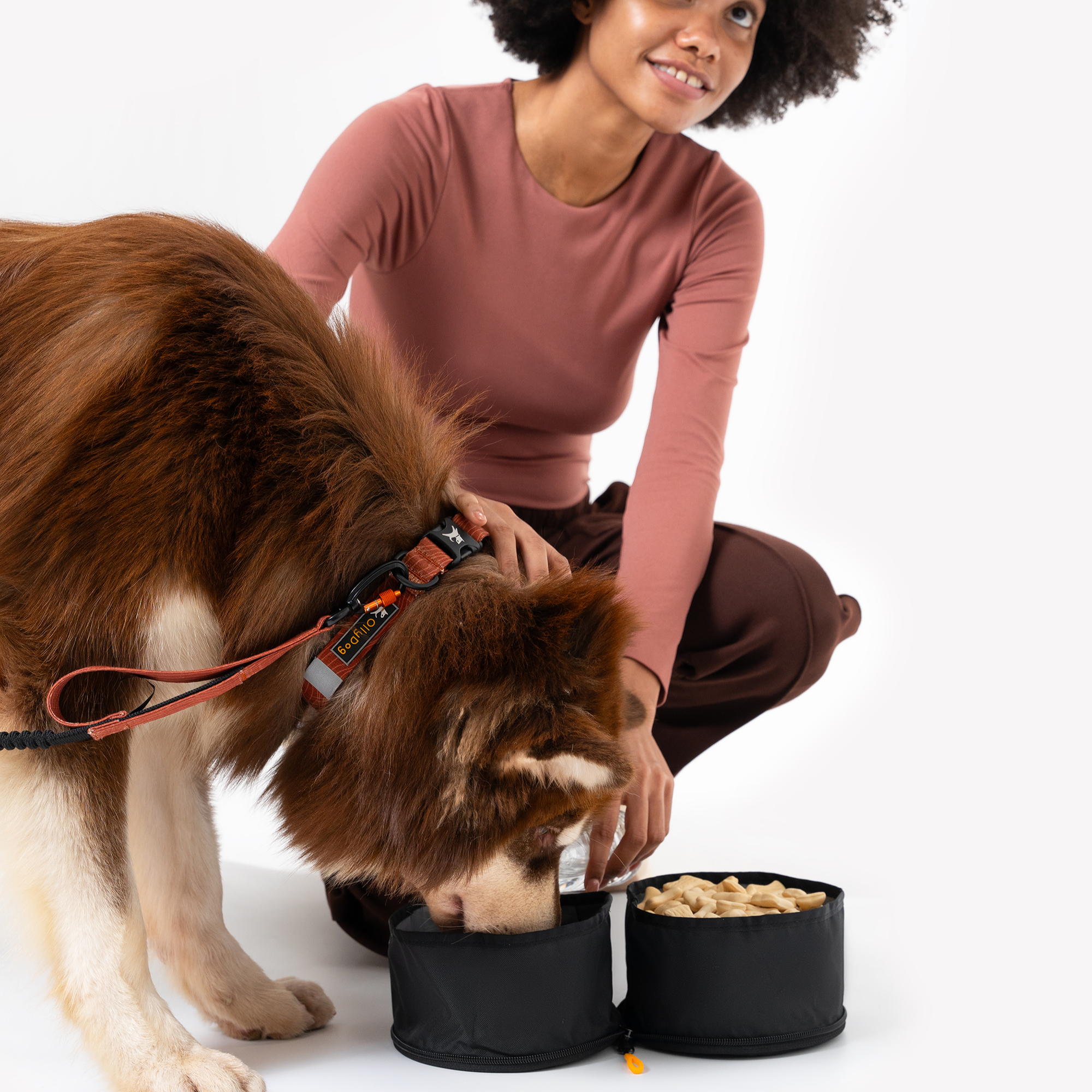 A person with dark curly hair, wearing a maroon top and pants, is kneeling and smiling while a brown and white dog eats from one of two connected black fabric OllyDog Superbowl collapsible dog bowls #color_raven