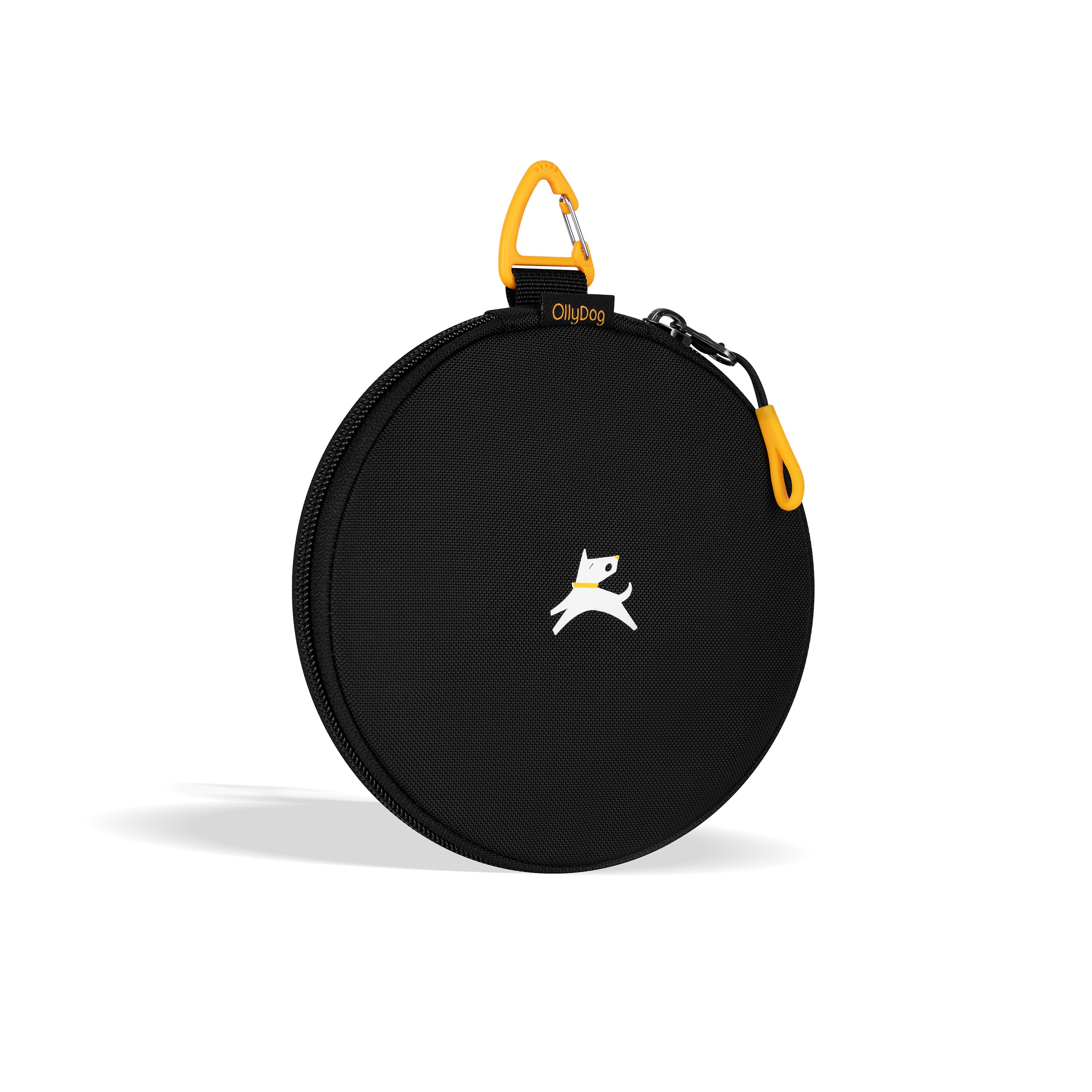 Round carrying case for Ventura '73 collapsible dog bowls, featuring a retro horizontal striped pattern in shades of brown, cream, yellow, and black. A yellow carabiner clip is visible at the top, and a small white logo of a leaping dog is on the front #color_ventura '73