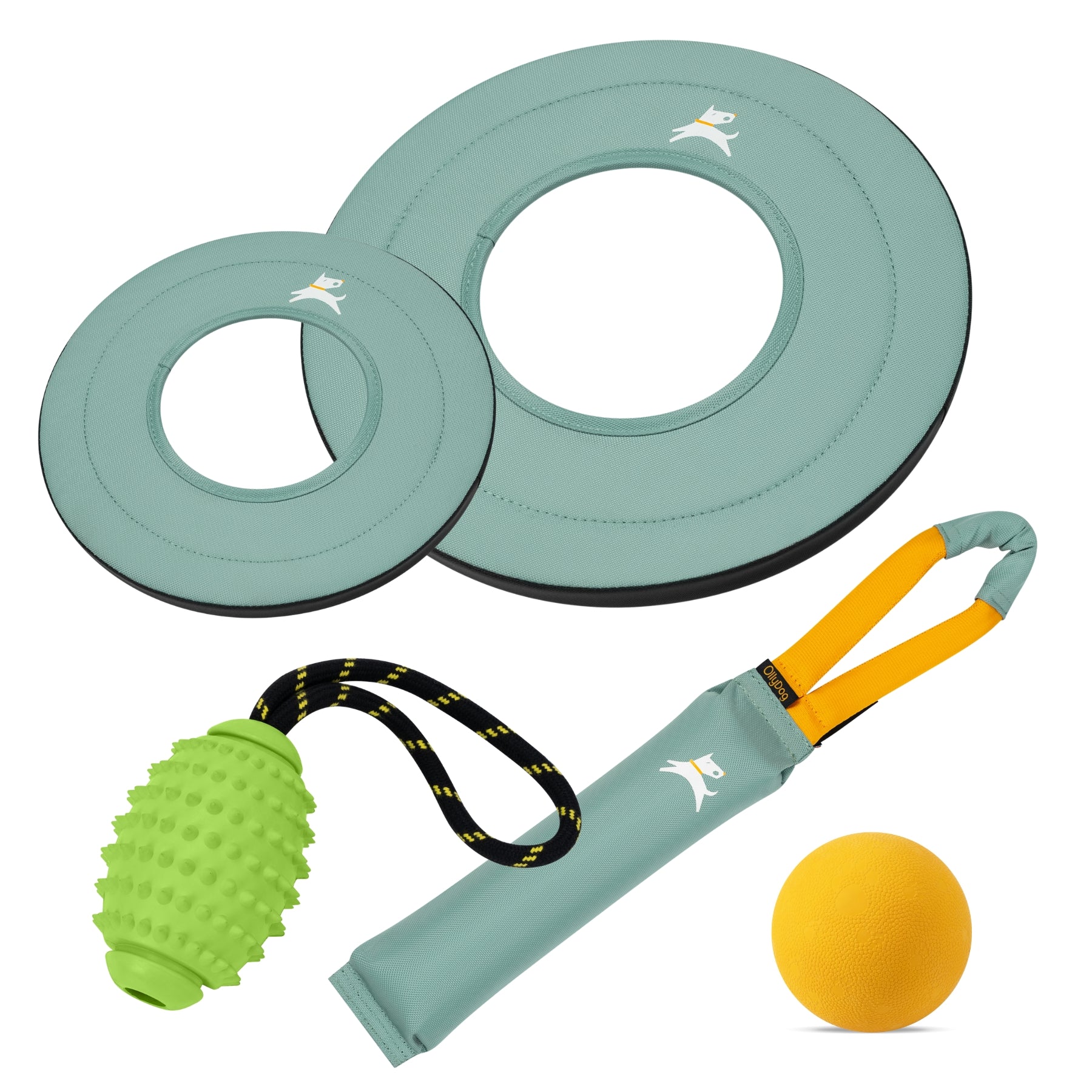 OllyDog Surf dog toy bundle featuring two teal flying discs, a lime green textured rubber ball on a rope, a canvas tug toy with yellow handles, and a solid rubber orange ball #color_surf