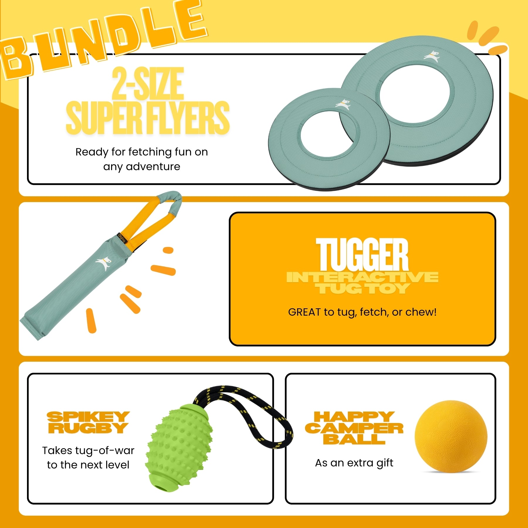 A promotional graphic for a dog toy bundle featuring four items: two teal 'Super Flyer' discs, a teal and yellow interactive 'Tugger' toy, a green 'Spikey Rugby' tug-of-war toy, and a yellow 'Happy Camper Ball' gift #color_surf