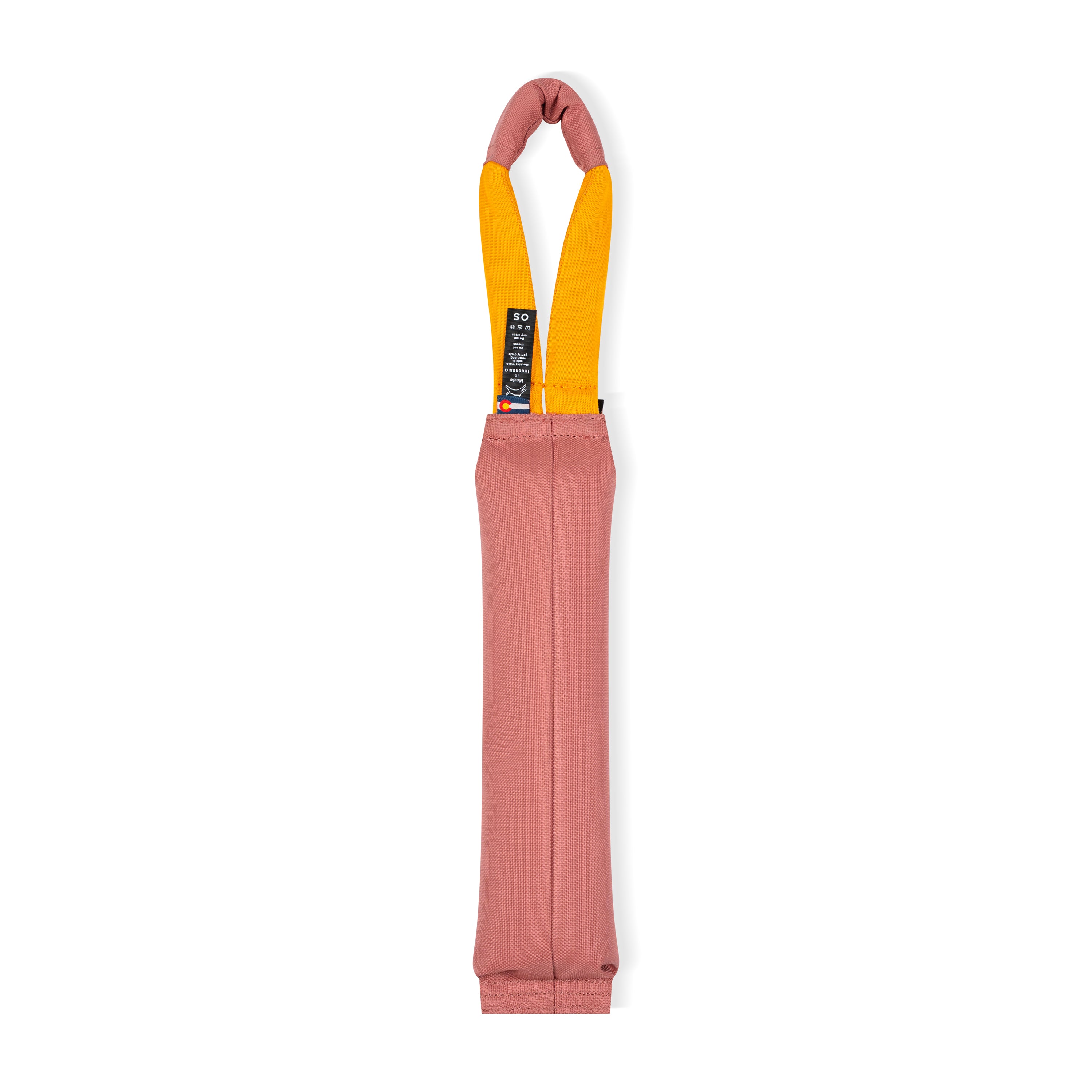 Back view of the OllyDog Tugger dog toy in desert color with a sturdy yellow handle, highlighting the durable recycled polyester construction and branding details.#color_desert