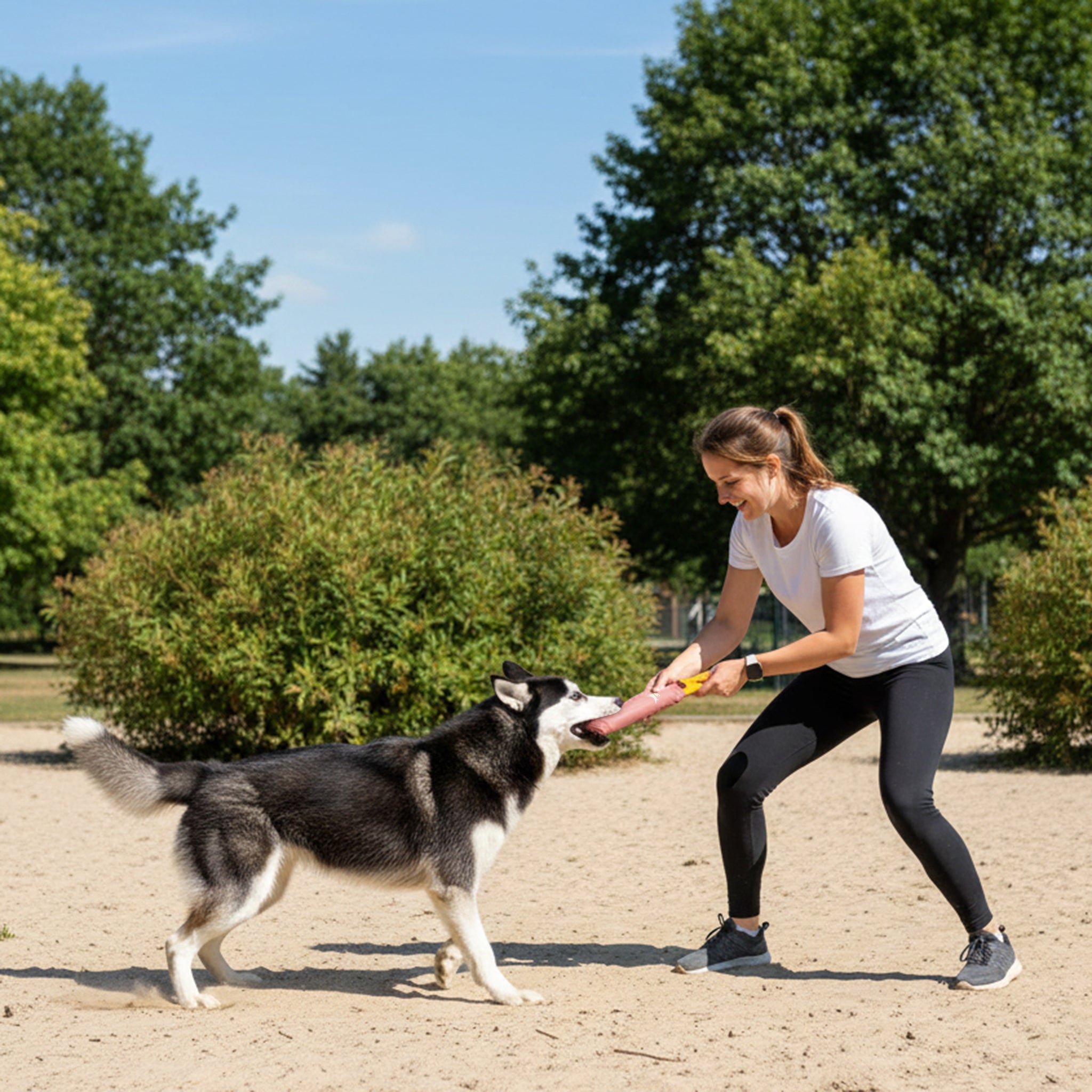 Action lifestyle shot of a woman playing tug-of-war with a black and white husky mix on a sandy park ground, using the OllyDog Tugger dog toy in desert red color.#color_desert