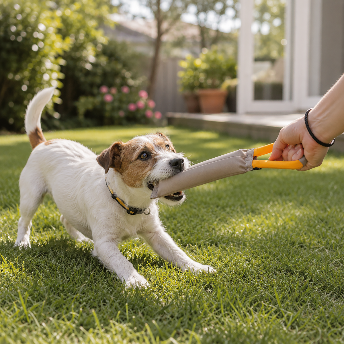 Lifestyle photo of a small terrier mix dog playing and tugging the OllyDog Tugger dog toy in Dune color with a person on a green lawn outdoors. #color_dune