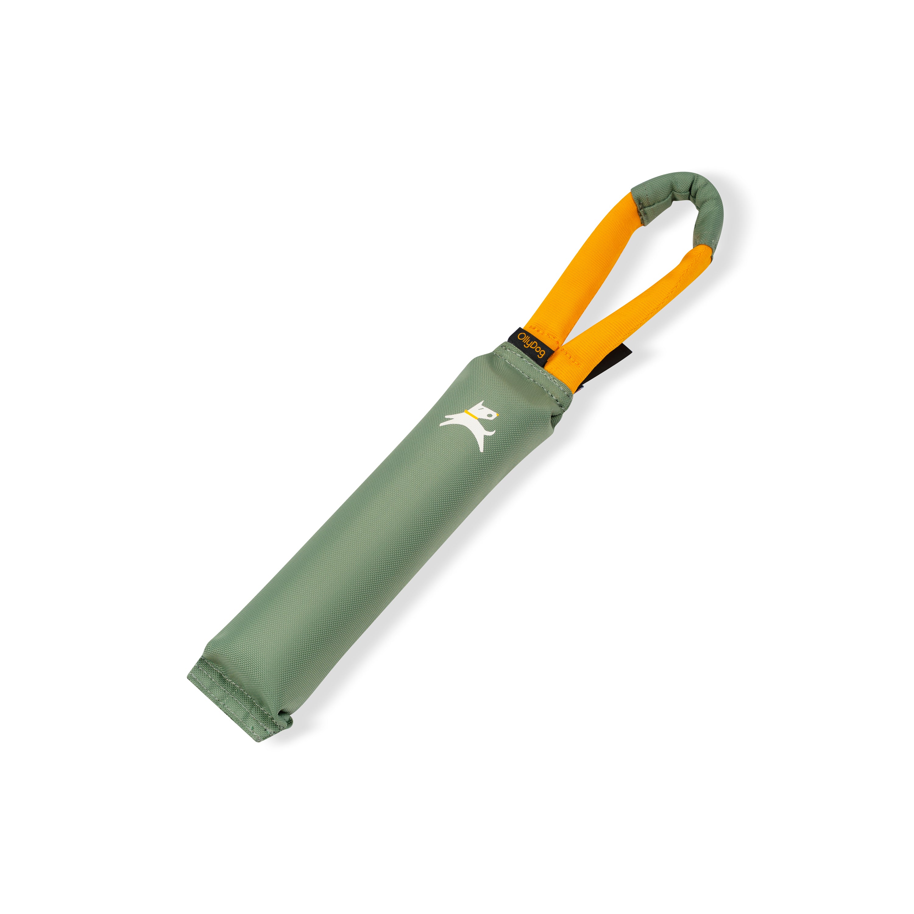 Front view of the OllyDog Tugger dog toy in olivine green color with a sturdy yellow handle, showcasing the lightweight, durable, and water-compatible recycled polyester design.#color_olivine