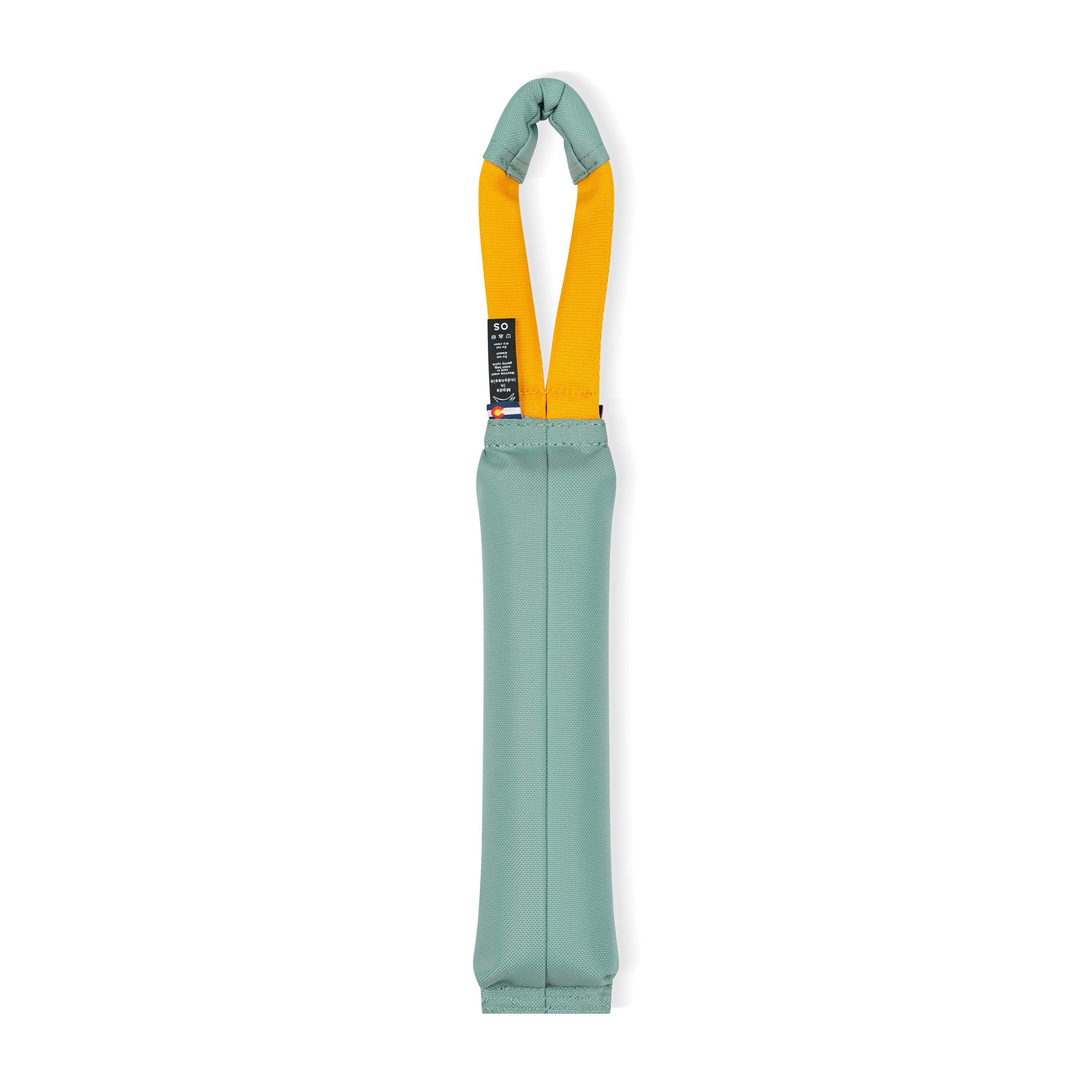 Back view of the OllyDog Tugger dog toy in surf color with a sturdy yellow handle, highlighting the durable recycled polyester construction and branding details.#color_surf