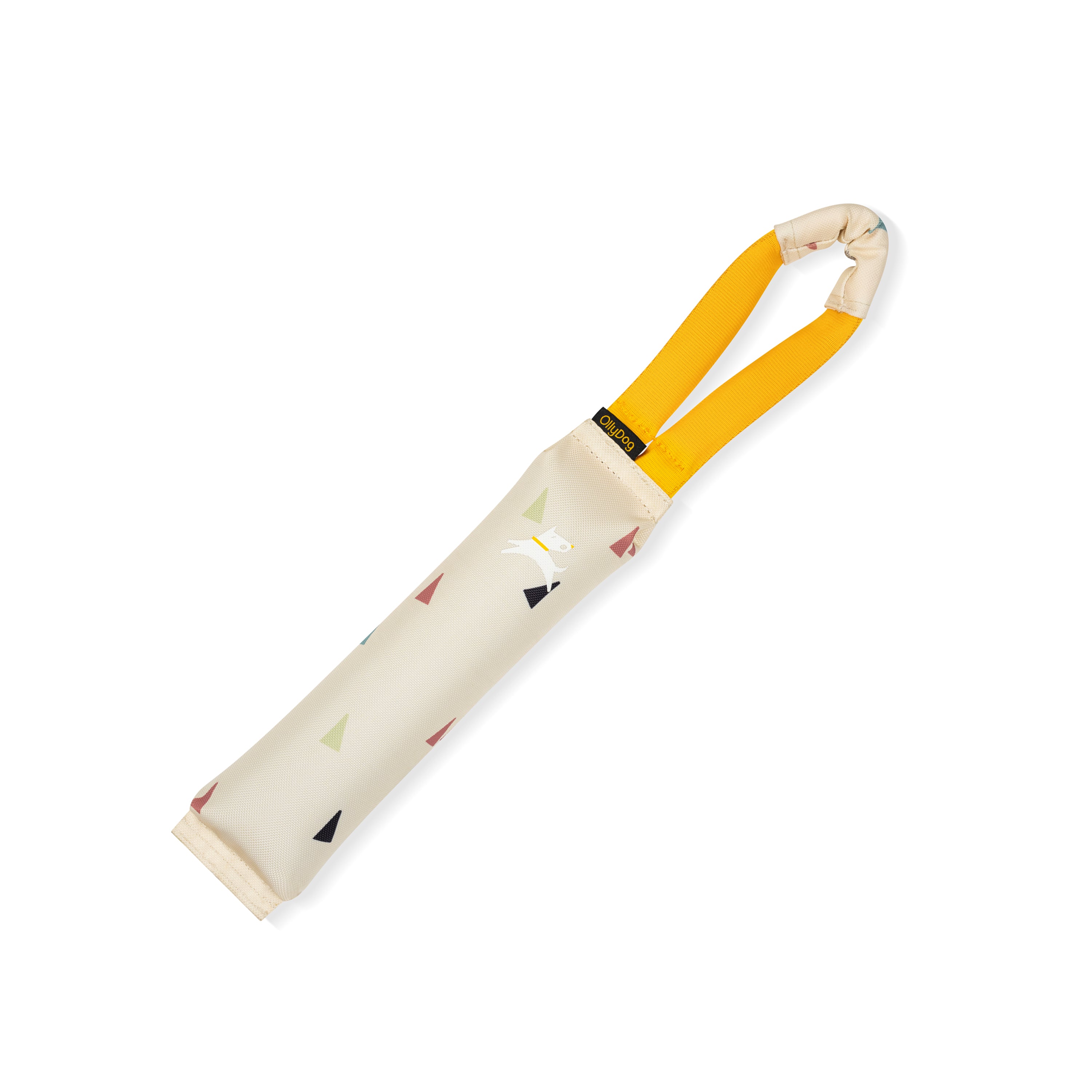 Front view of the OllyDog Tugger dog toy in terrazzo print color with a sturdy yellow handle, showcasing the lightweight, durable, and water-compatible recycled polyester design.#color_terrazzo