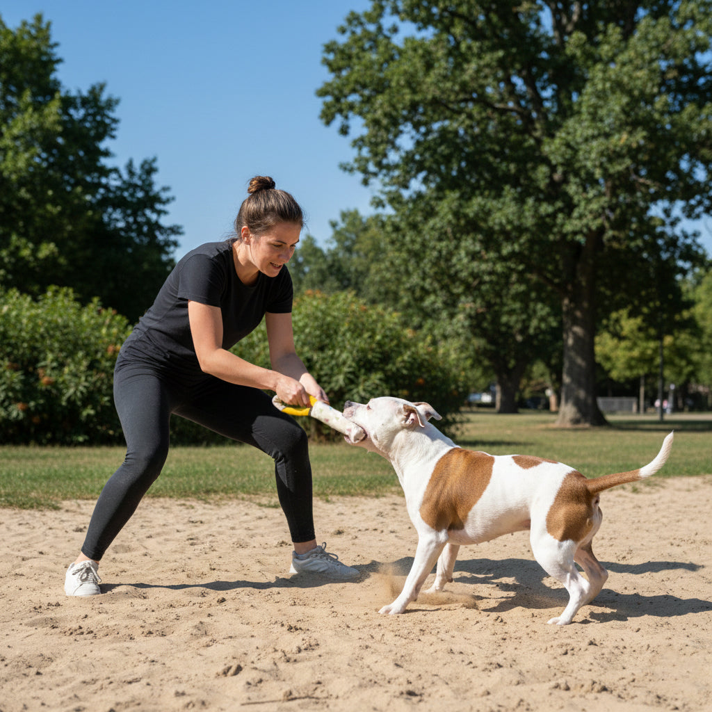 Action lifestyle shot of a woman playing tug-of-war with a Doberman by a park lake, using the OllyDog Tugger dog toy in terrazzo color.#color_terrazzo