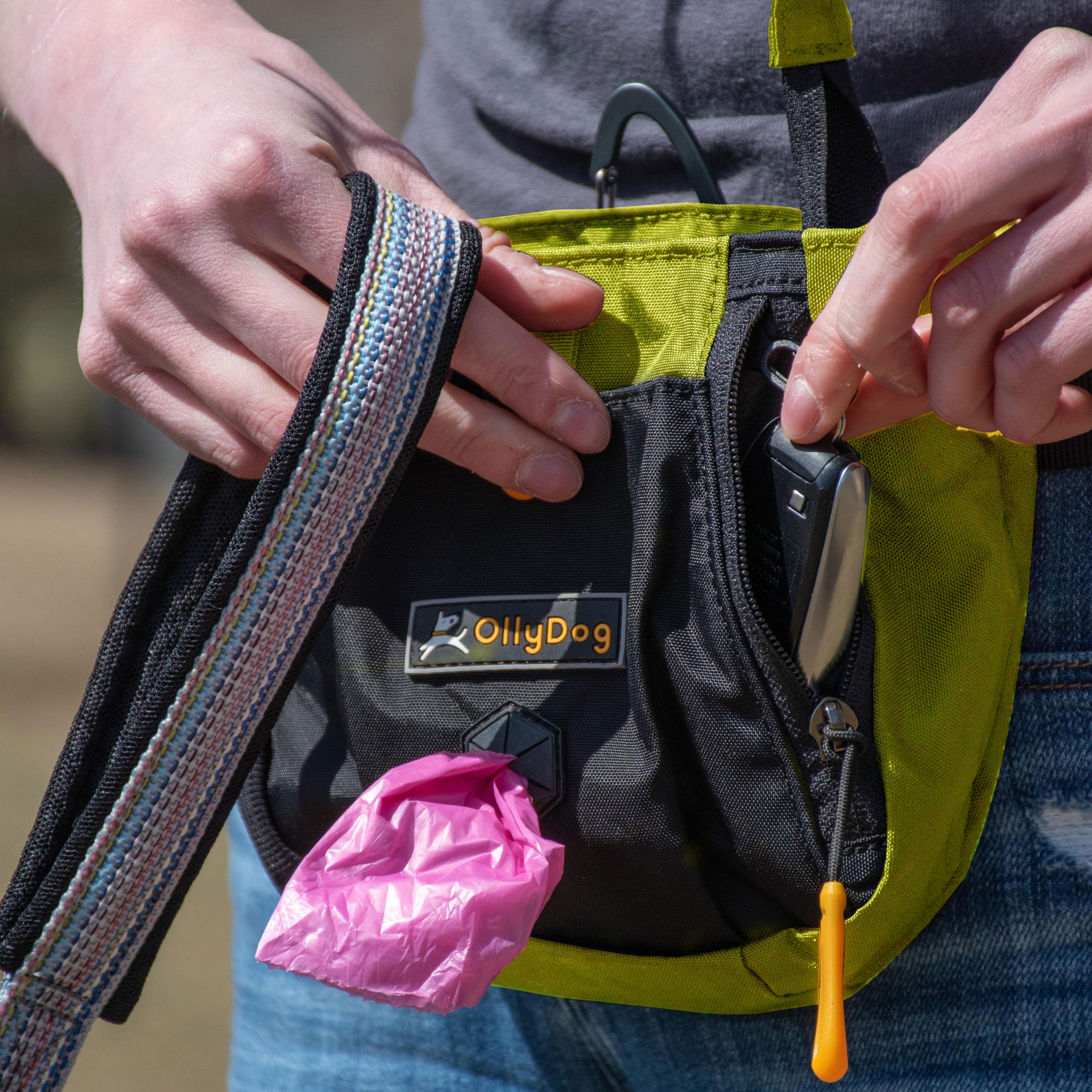 A person in jeans wearing OllyDog’s Backcountry Day Bag in Cactus, a dog walking waist pack perfect for hiking with dogs. This essential piece of dog hiking gear is designed for comfort and functionality on dog friendly trails. #color_cactus