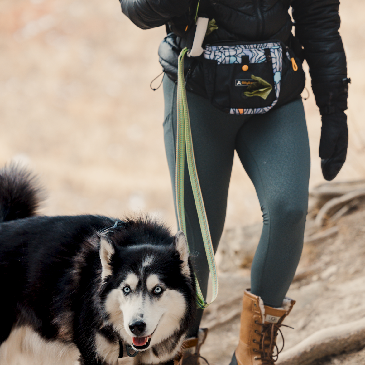 A person in jeans wearing OllyDog’s Backcountry Day Bag in Bloom, a dog walking waist pack perfect for hiking with dogs. This essential piece of dog hiking gear is designed for comfort and functionality on dog friendly trails. #color_bloom