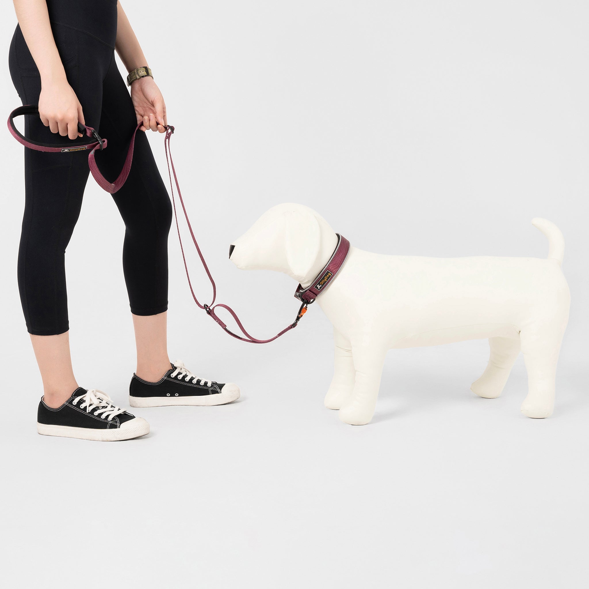 Person holding the OllyDog Flagstaff Adjustable Leash in Rosewood Woodgrain color, clipped to a white mannequin dog. The leash features a padded handle, adjustable length, and durable webbing for comfortable dog walking #color_rosewood woodgrain