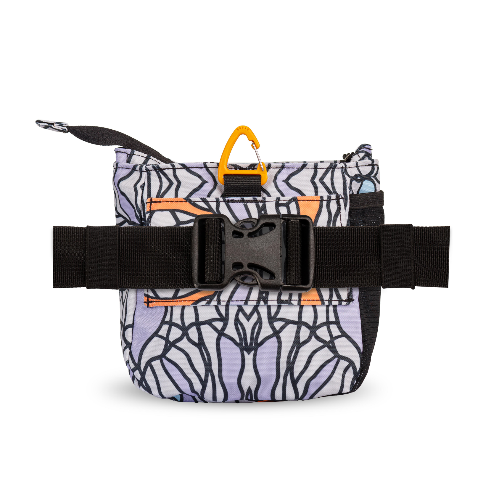 Back view of OllyDog’s Backcountry Day Bag in Bloom, showcasing the removable belt strap with a plastic buckle. This versatile dog training pouch also includes a convenient clip, making it become one of essential dog walking accessories. #color_bloom